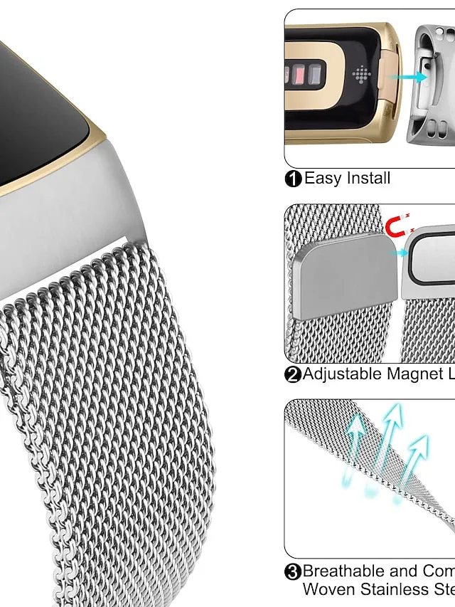1 pcs Smart Watch Band for Fitbit Charge 5 Stainless Steel Smartwatch Strap Magnetic Adjustable Milanese Loop Charge 5 Replacement  Wristband