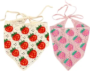 2 Pcs Strawberry Hair Bandana Cute Crochet Hair Scarves Hollow Knitted Head Scarf Crochet Triangle Headband Hairband Knit Head Kerchief Headscarf for Women Girls