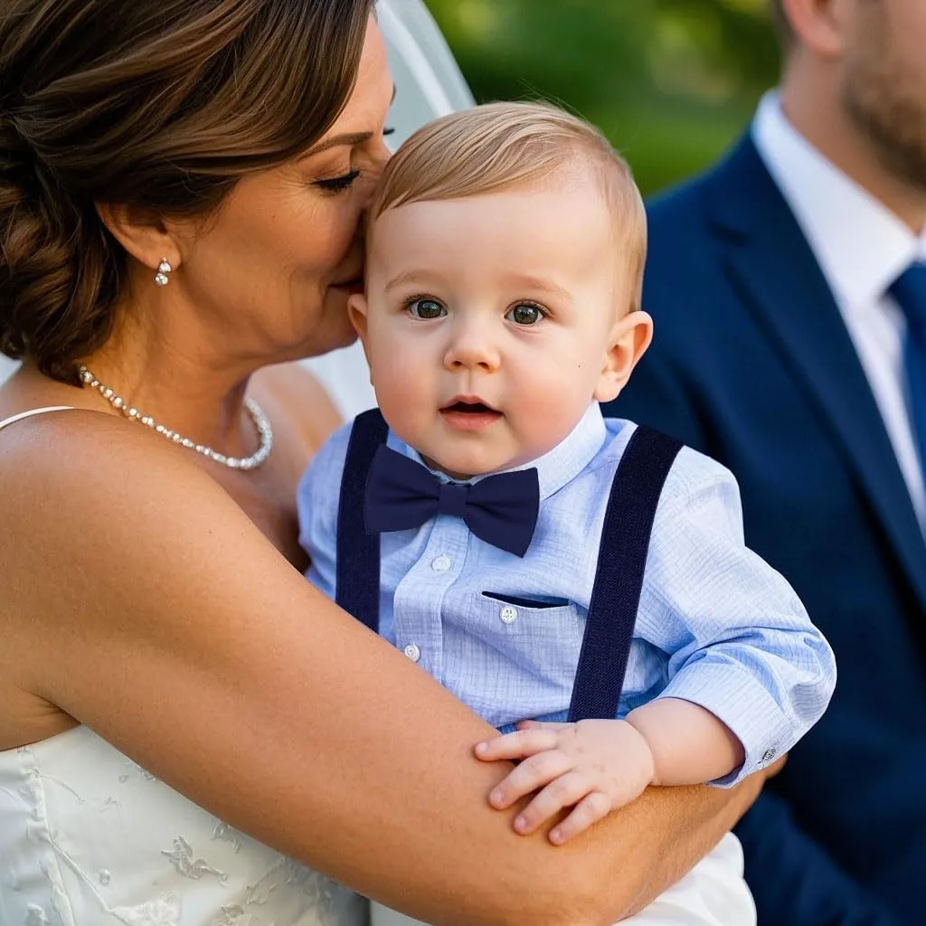 Adjustable Baby Boy Suspenders and Bow Tie, Pre-tied Kids Bowtie and Elastic Suspenders with 4 Strong Metal Clips