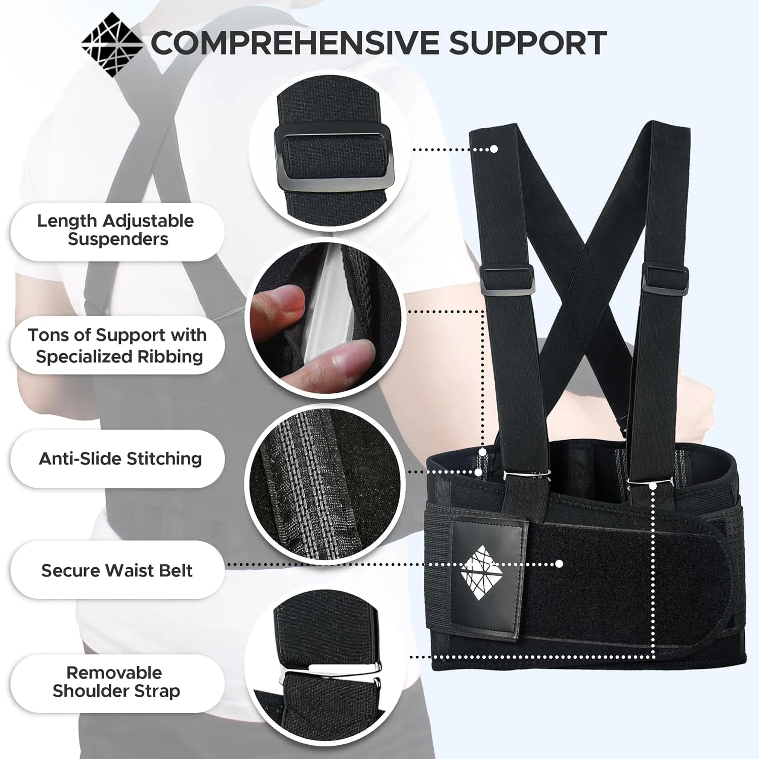 Adjustable Lower Back Support Belt with Suspenders - Heavy Duty Work Brace for Men & Women - Industrial Strength Lumbar Protection for Construction, Warehouse, Moving & Physical Labor Safety, M