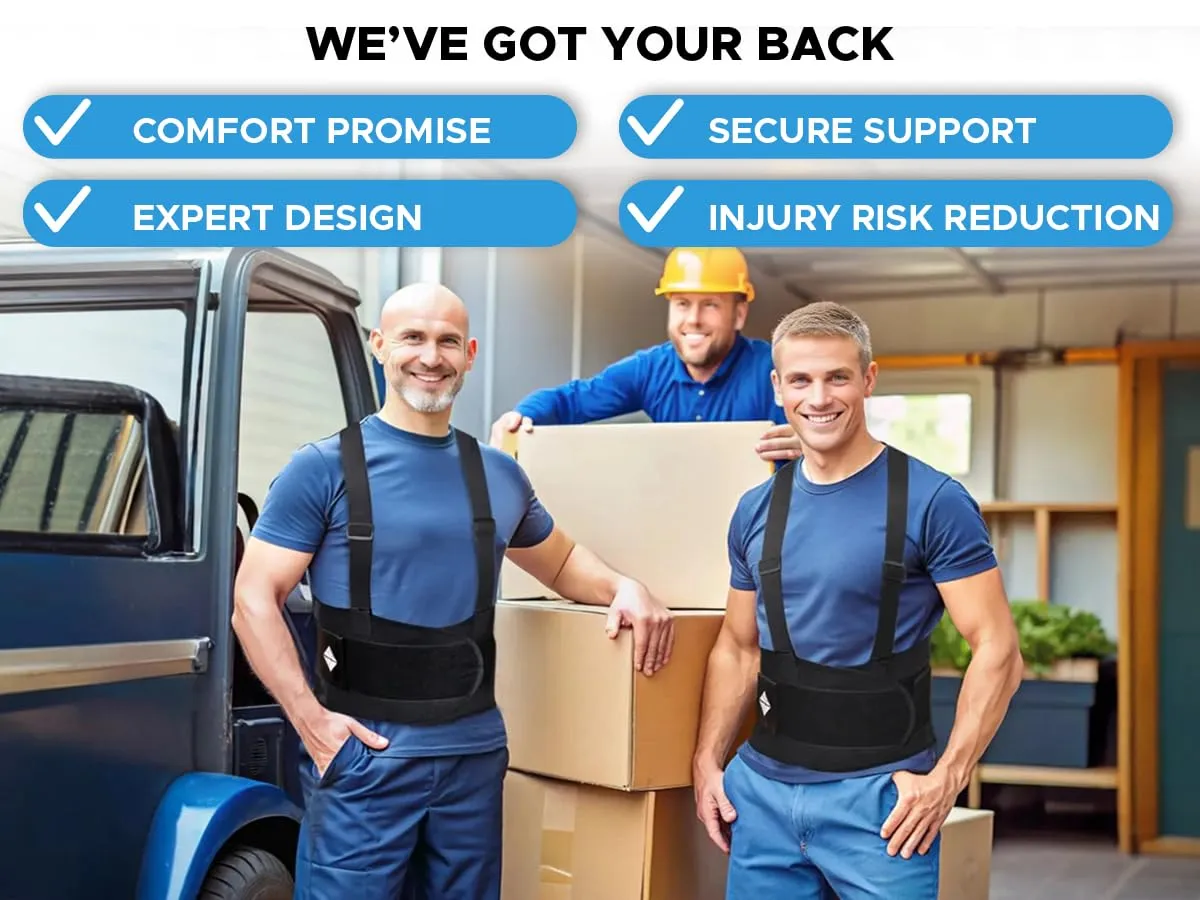 Adjustable Lower Back Support Belt with Suspenders - Heavy Duty Work Brace for Men & Women - Industrial Strength Lumbar Protection for Construction, Warehouse, Moving & Physical Labor Safety, M