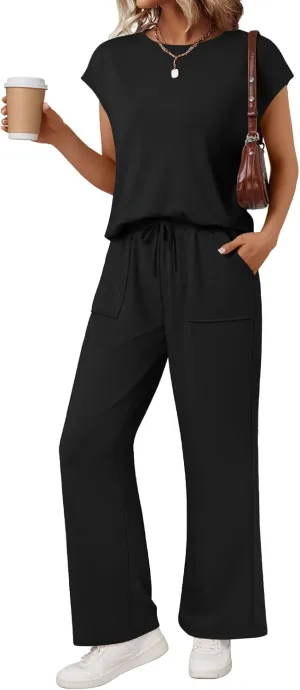 AUTOMET Women's 2 Piece Lounge Set Casual Cap Sleeve Top Wide Leg Pants Summer Vacation Outfits