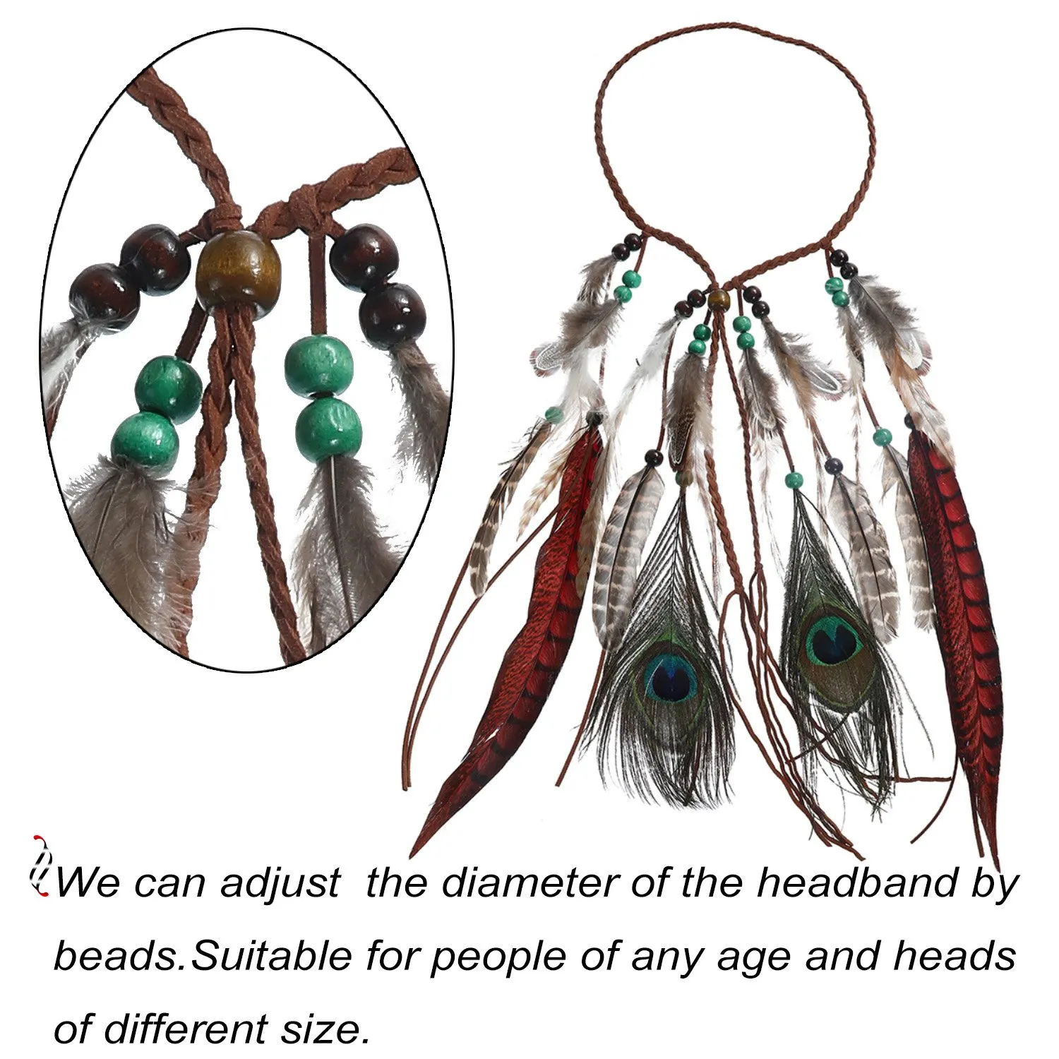 AWAYTR Bohemian Feather Headband - Hippie Peacock Hairband with Long Pheasant Feathers for Women and Girls (Dark red #1)