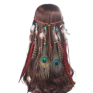 AWAYTR Bohemian Feather Headband - Hippie Peacock Hairband with Long Pheasant Feathers for Women and Girls (Dark red #1)