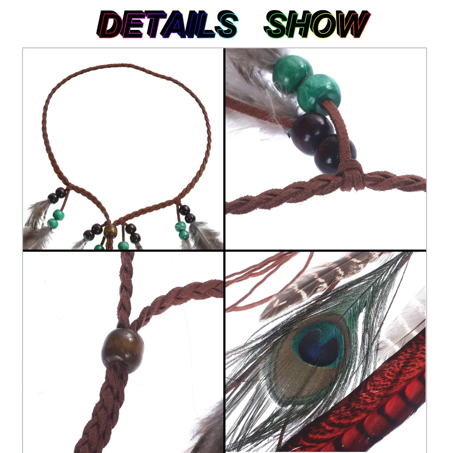 AWAYTR Bohemian Feather Headband - Hippie Peacock Hairband with Long Pheasant Feathers for Women and Girls (Dark red #1)