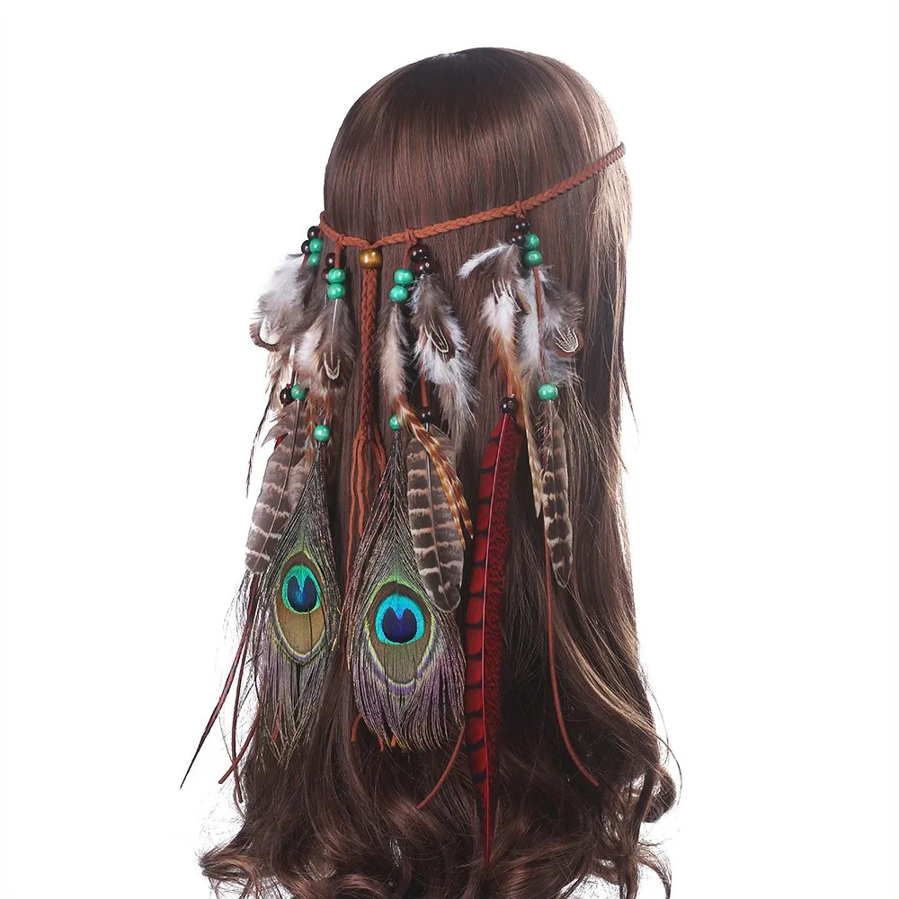 AWAYTR Bohemian Feather Headband - Hippie Peacock Hairband with Long Pheasant Feathers for Women and Girls (Dark red #1)