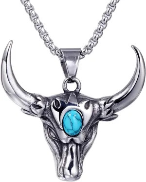 Bull for Head Turquoise Pendant Necklace Hip Hop Jewelry Vintage Alloy Taurus Pendant Chain Men Gifts Not Easy to Fade