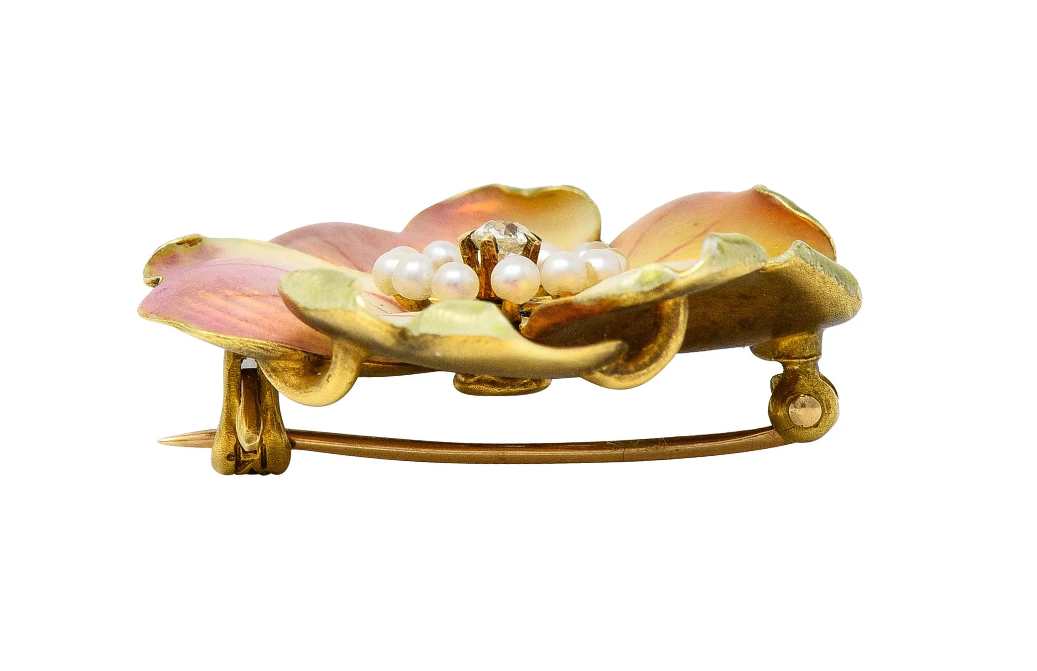 Carter Gough Art Nouveau Old European Cut Diamond Pearl Basse-Taille Enamel 14 Karat Yellow Gold Poppy Antique Flower Brooch