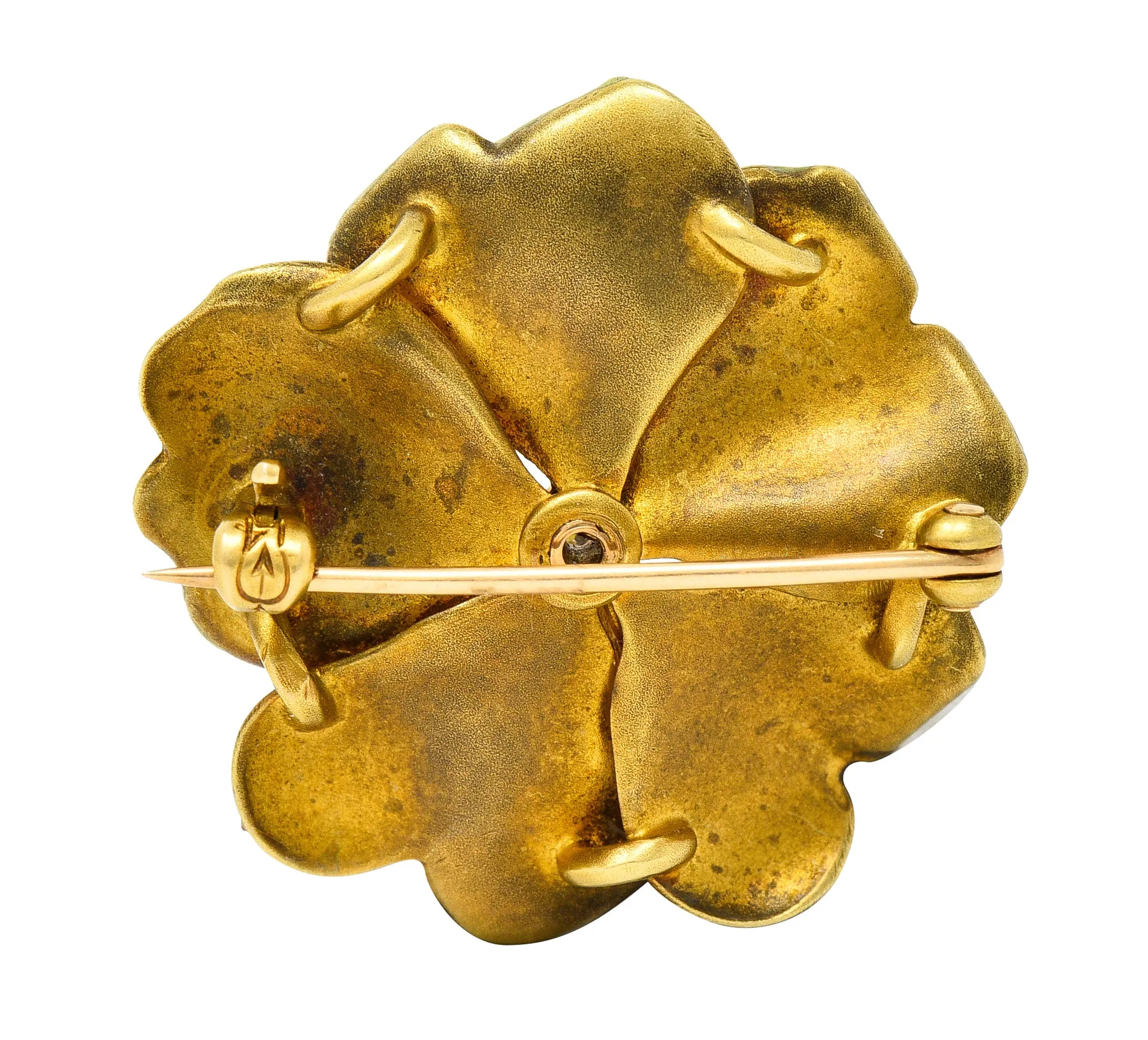 Carter Gough Art Nouveau Old European Cut Diamond Pearl Basse-Taille Enamel 14 Karat Yellow Gold Poppy Antique Flower Brooch