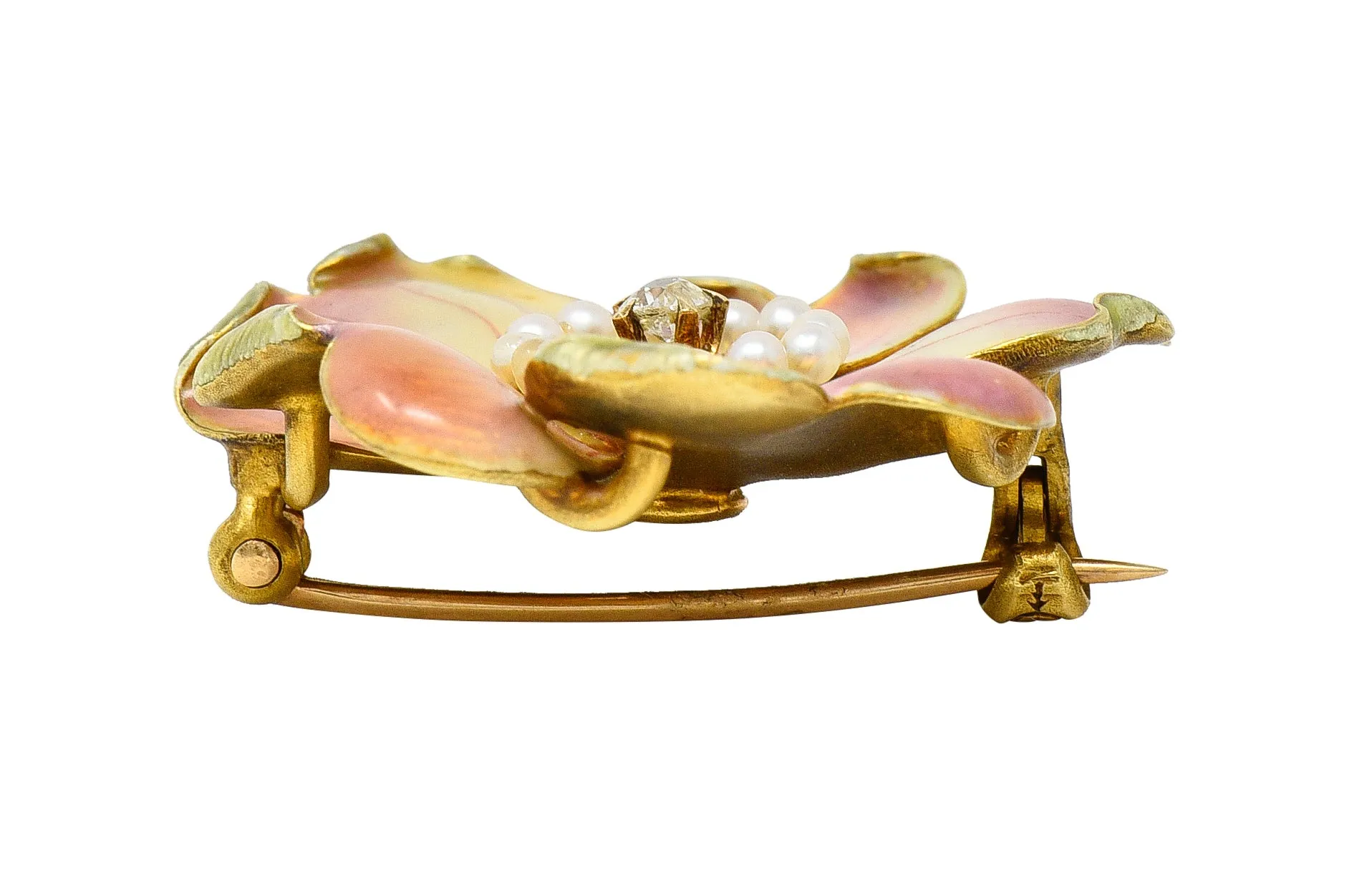 Carter Gough Art Nouveau Old European Cut Diamond Pearl Basse-Taille Enamel 14 Karat Yellow Gold Poppy Antique Flower Brooch