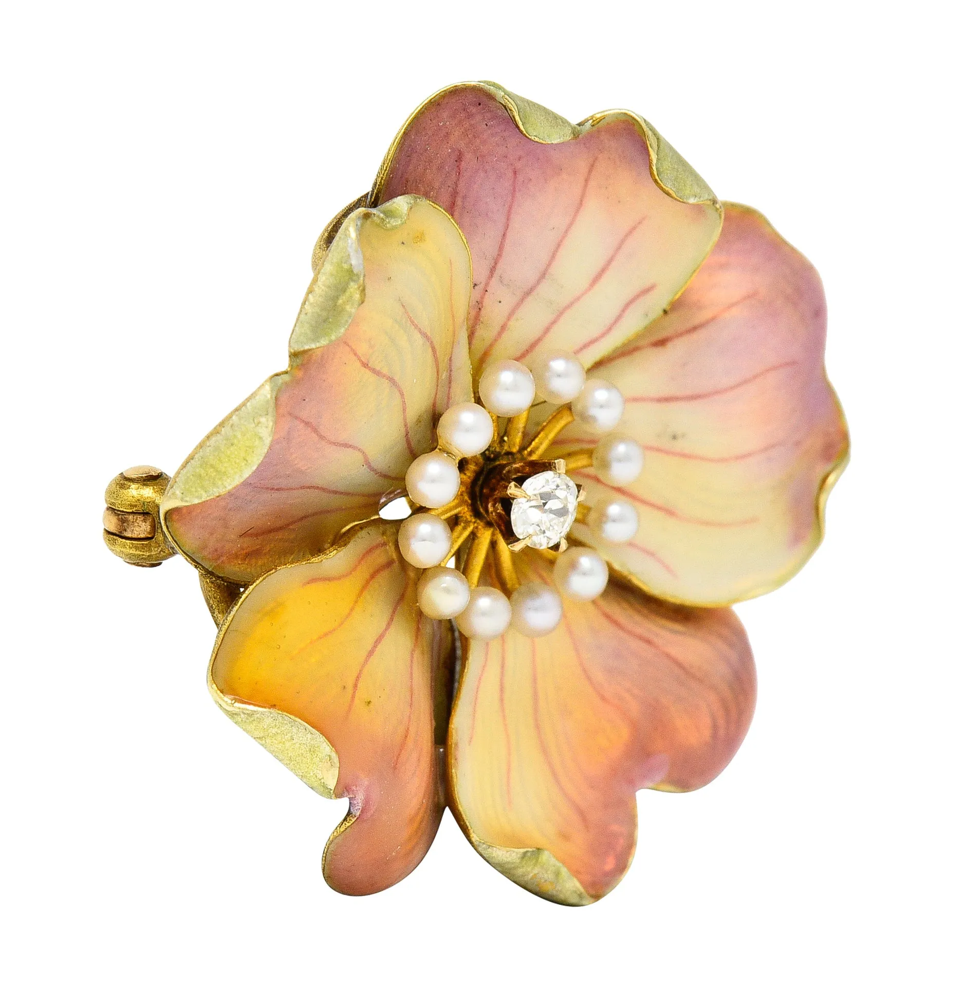 Carter Gough Art Nouveau Old European Cut Diamond Pearl Basse-Taille Enamel 14 Karat Yellow Gold Poppy Antique Flower Brooch