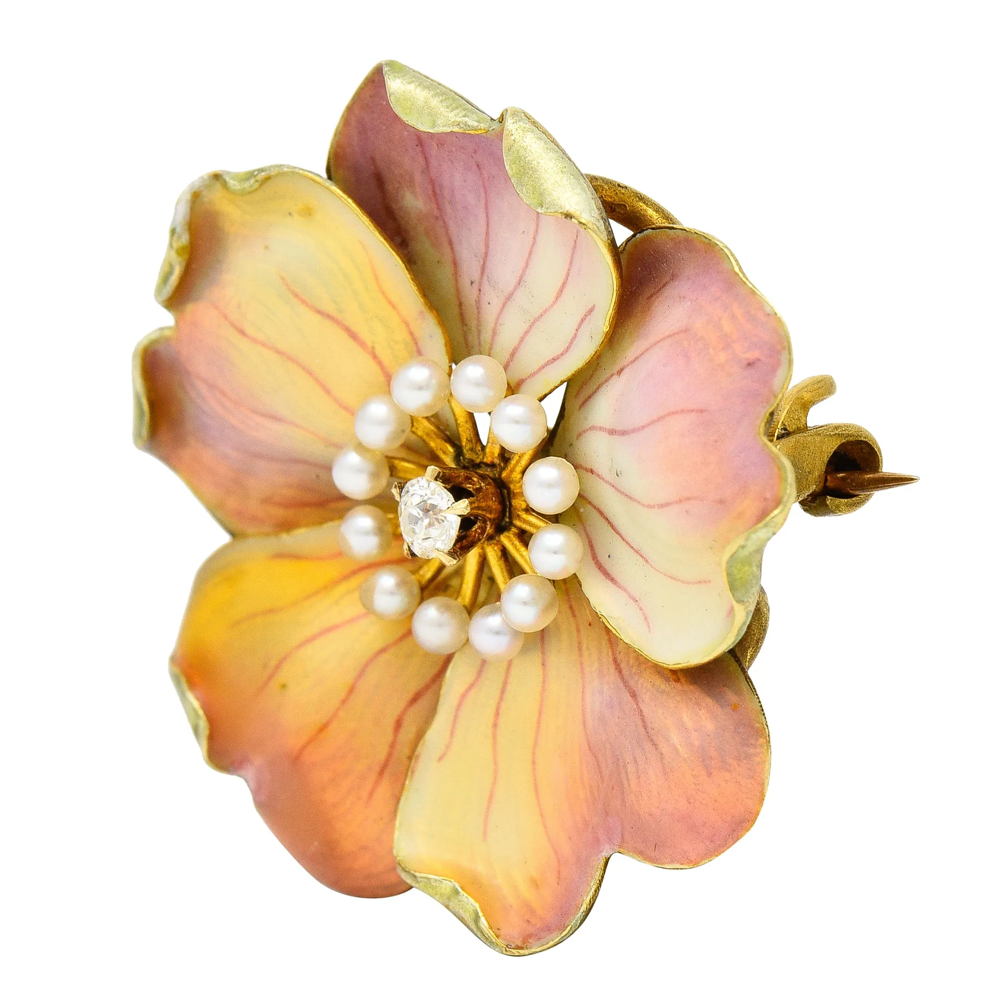 Carter Gough Art Nouveau Old European Cut Diamond Pearl Basse-Taille Enamel 14 Karat Yellow Gold Poppy Antique Flower Brooch