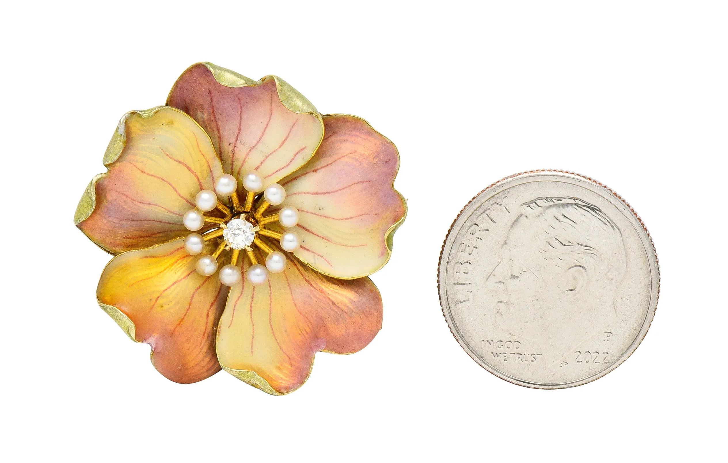 Carter Gough Art Nouveau Old European Cut Diamond Pearl Basse-Taille Enamel 14 Karat Yellow Gold Poppy Antique Flower Brooch