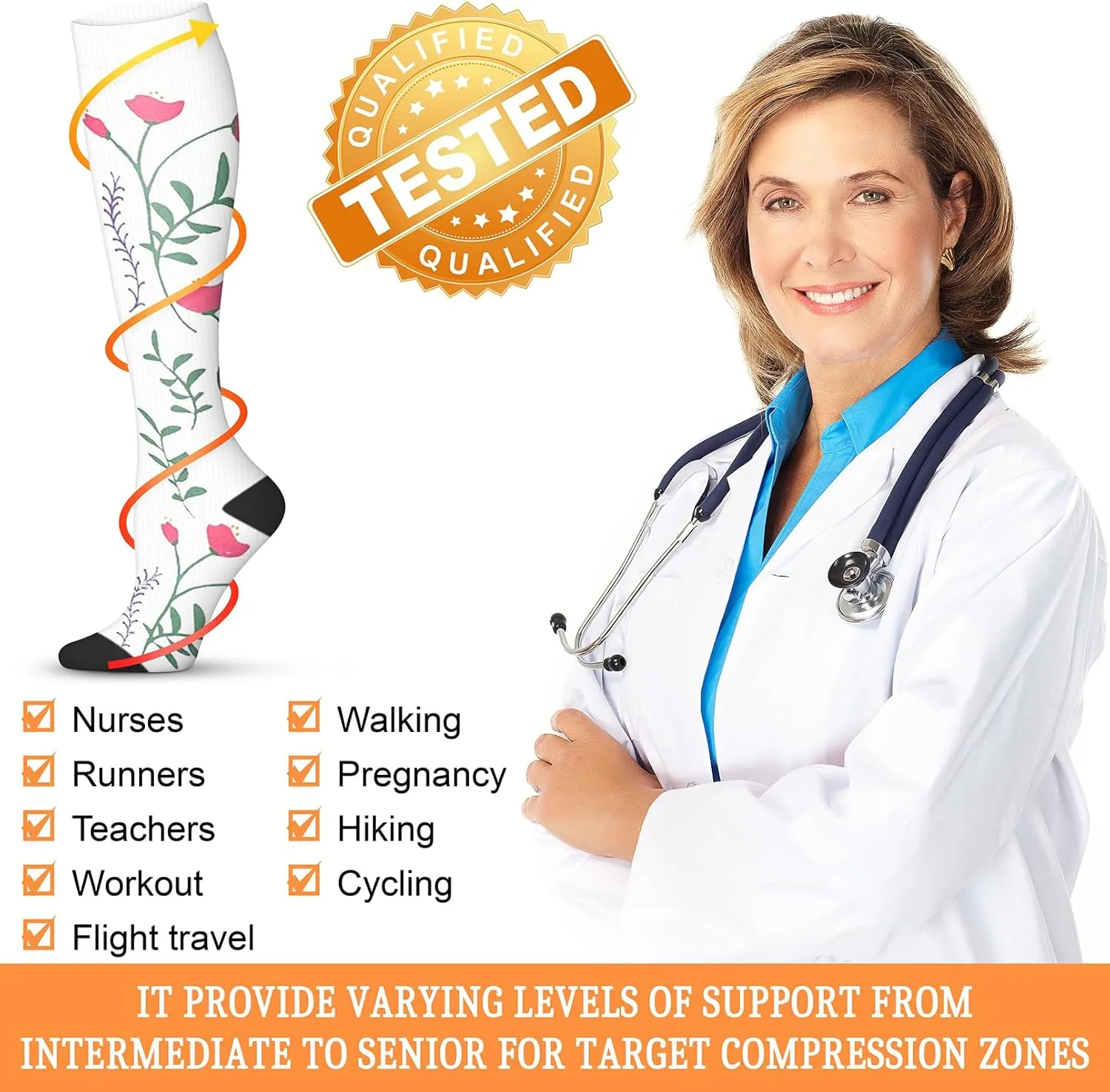 Compression Socks for Women & Men 15-20 mmHg, Best for Medical, Nursing, Running, Athletic, Varicose Veins, Travel