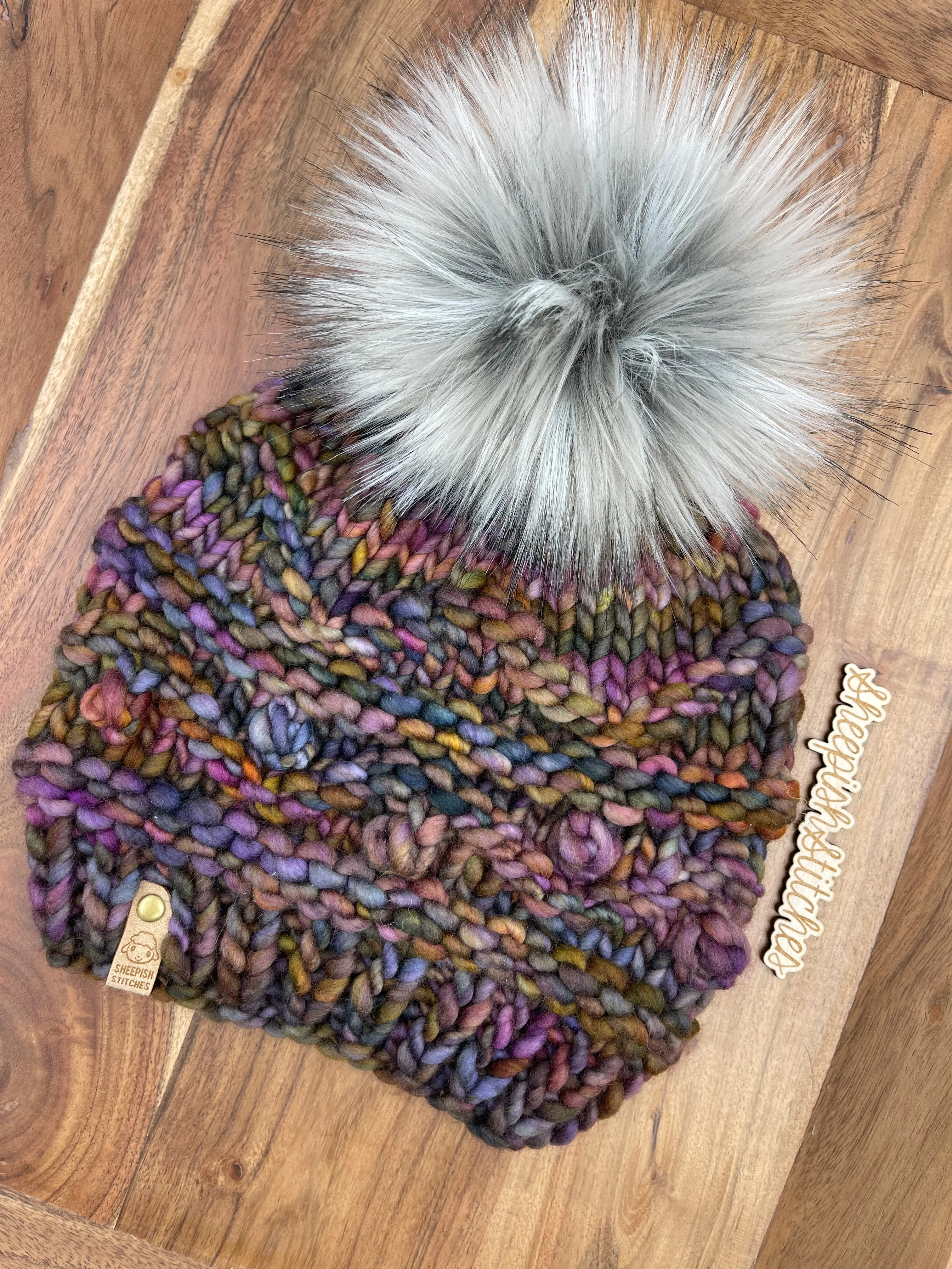 Deep jewel mix- Merino Wool Knit Hat with Faux Fur Pom Pom, Hand Knit Luxury Beanie, Ethically Sourced Merino Wool Toque
