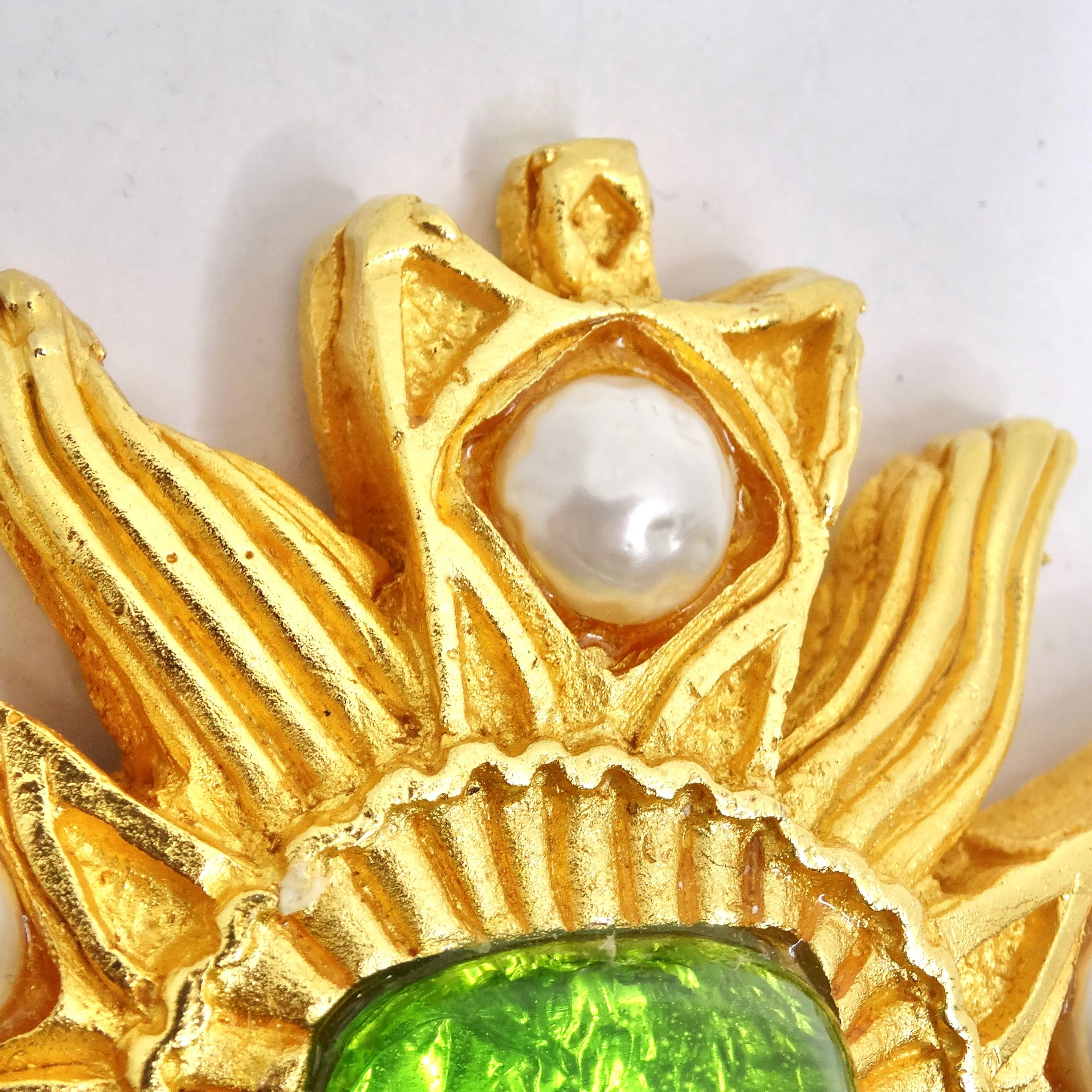 Dominique Aurientis Paris 1980s Gold Plated Green Stone Flower Brooch
