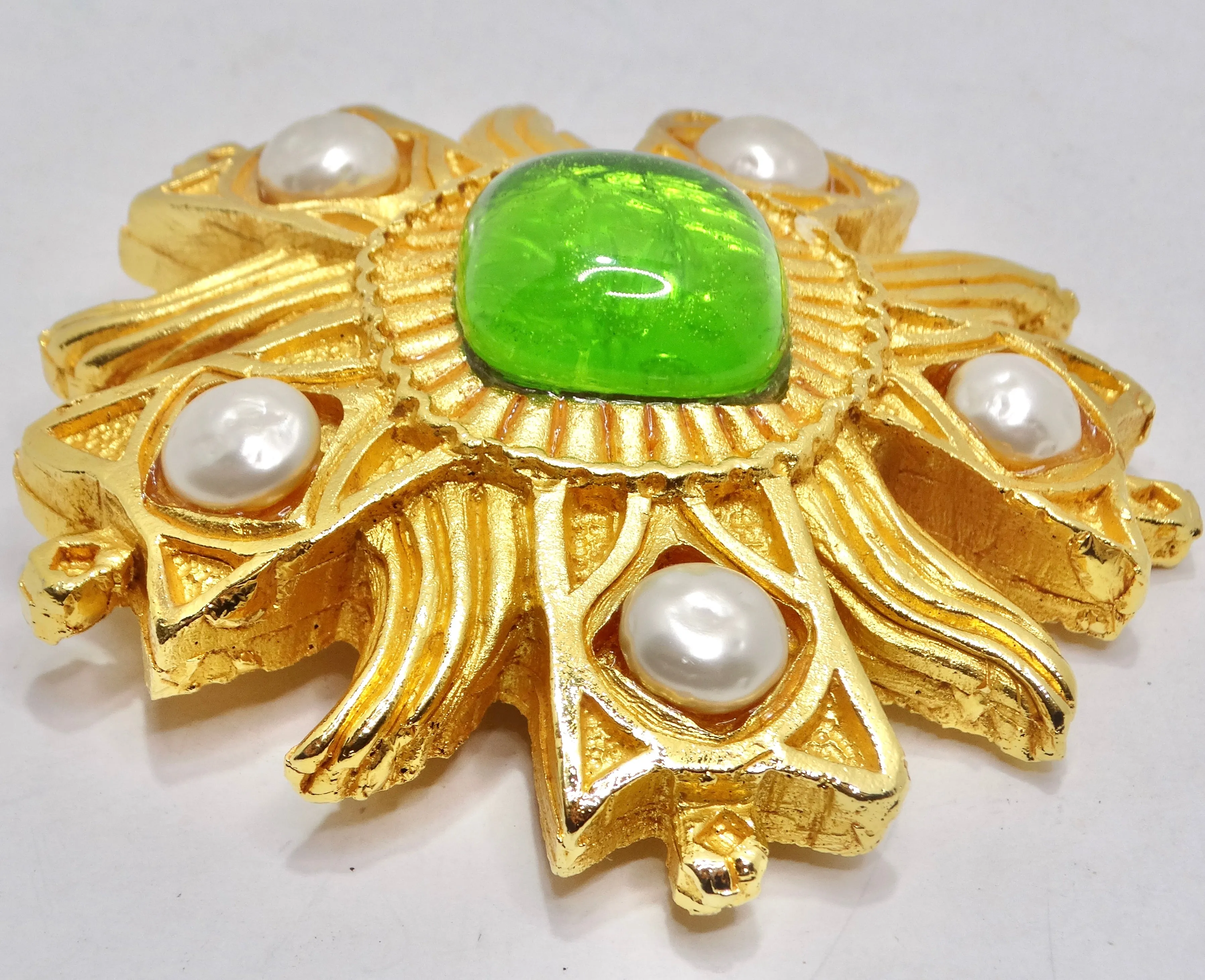 Dominique Aurientis Paris 1980s Gold Plated Green Stone Flower Brooch