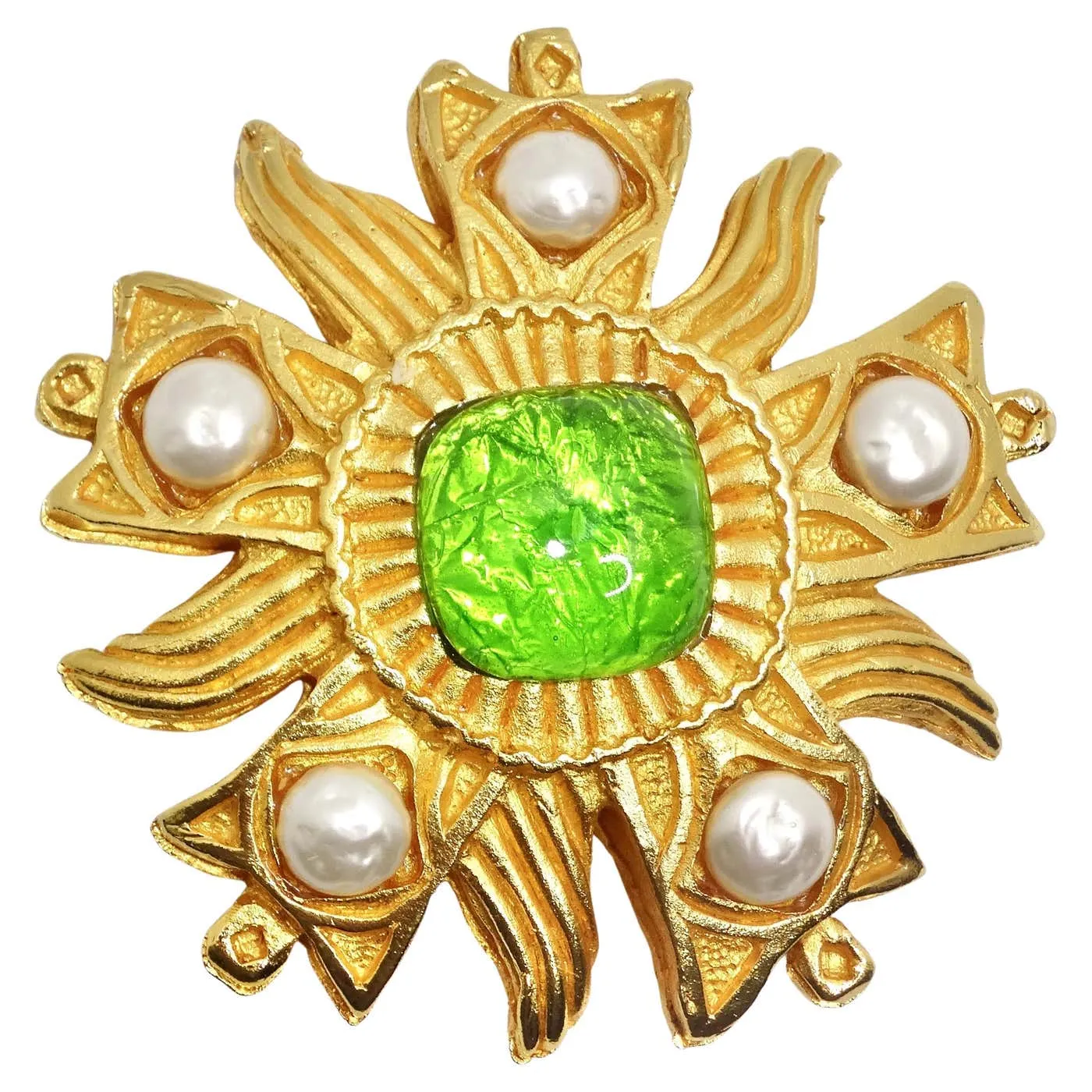 Dominique Aurientis Paris 1980s Gold Plated Green Stone Flower Brooch