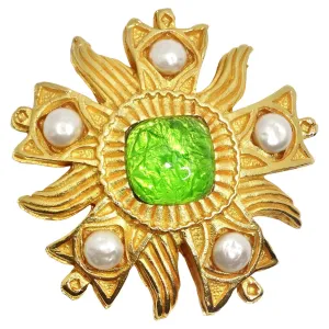 Dominique Aurientis Paris 1980s Gold Plated Green Stone Flower Brooch