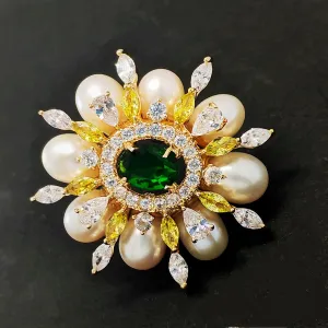 Elegant Vintage Burst Accent Pearl and Green Oval Flower Brooch Pin Wedding Party Accessory