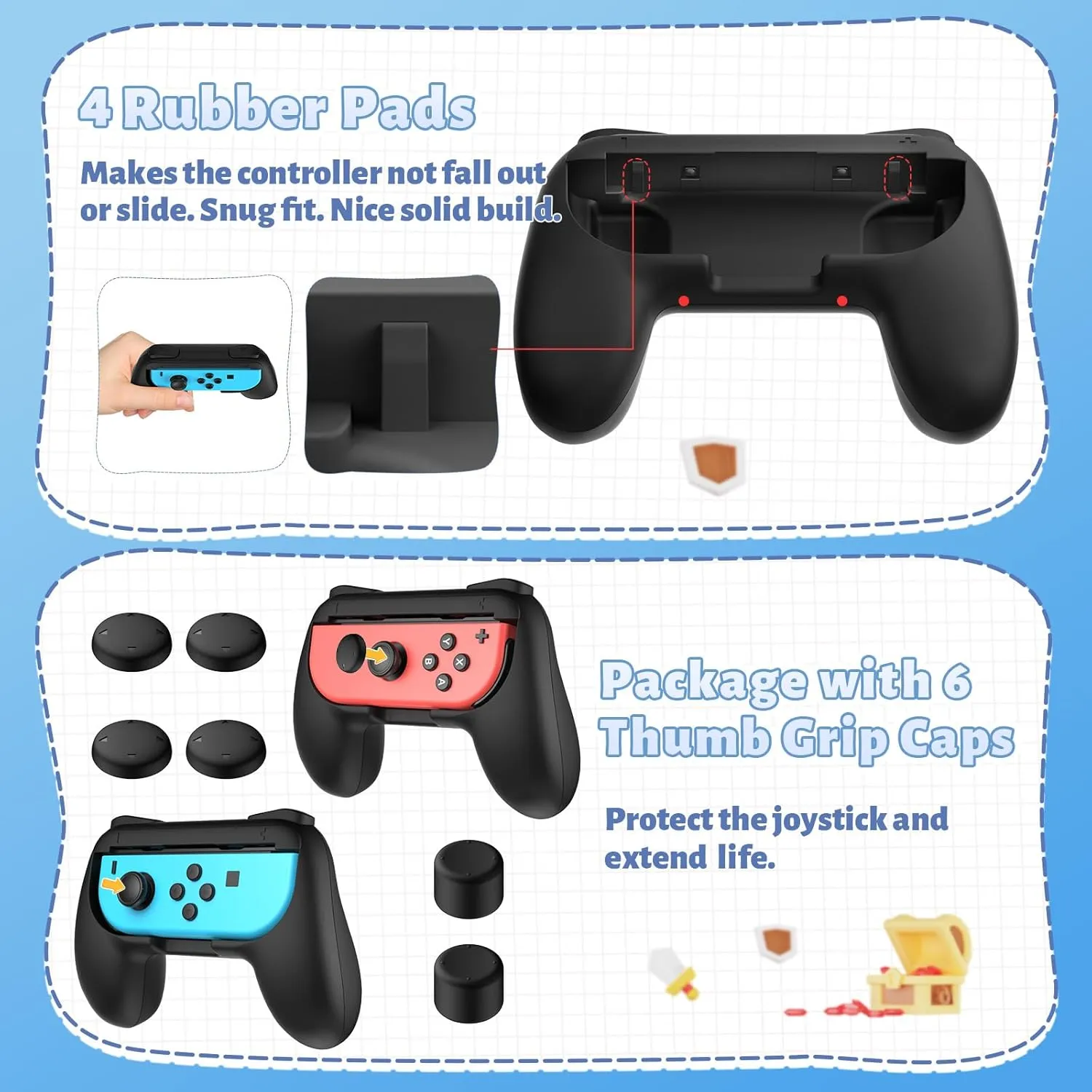 FASTSNAIL Grips for Nintendo Switch Joy-Con, Wear-resistant Handle Kit for Switch Joy Cons Controller, 2 Pack (Black)