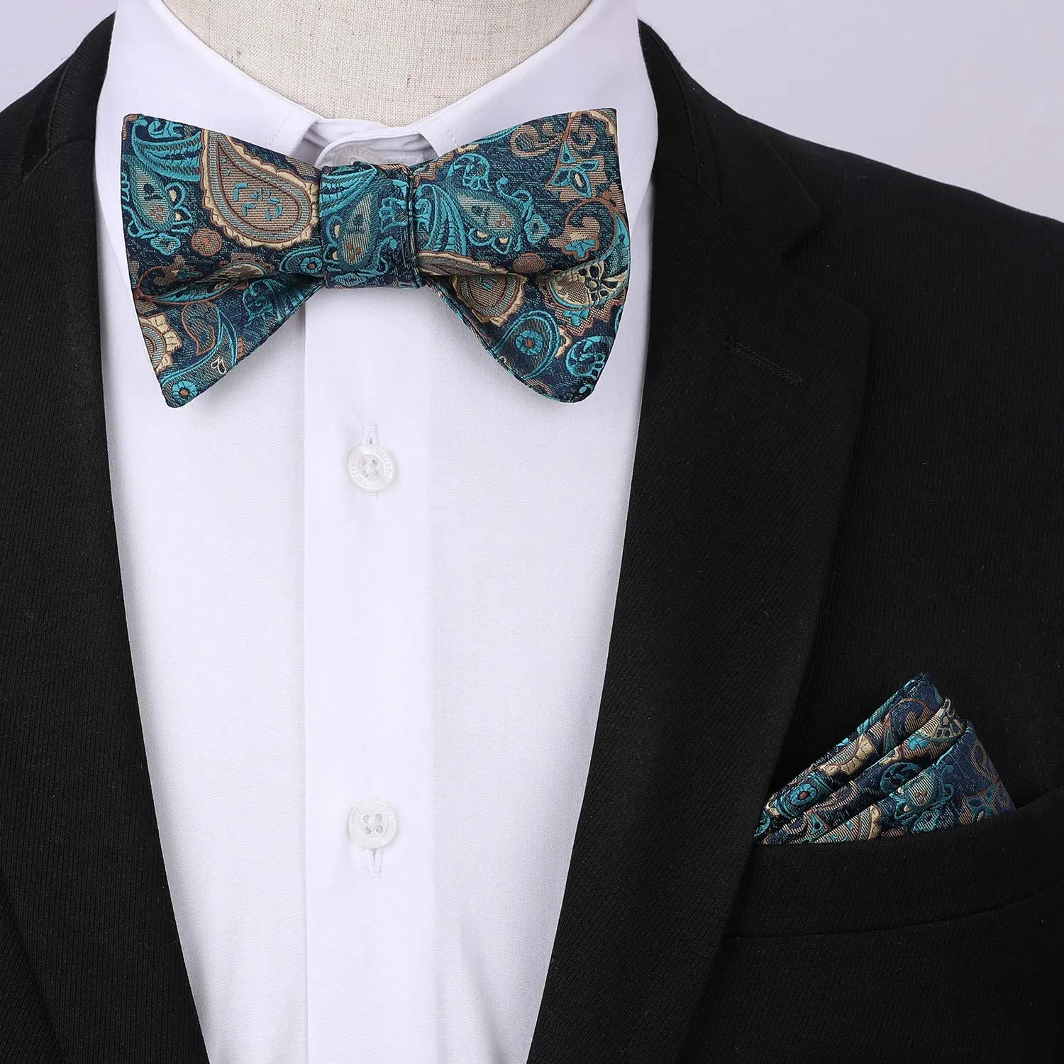 Floral Paisley Suspender Bow Tie Handkerchief - 7-GREEN/AQUA/BROWN