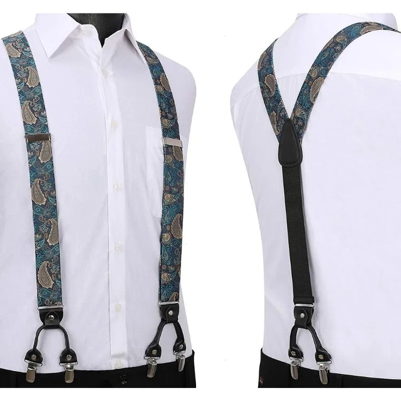 Floral Paisley Suspender Bow Tie Handkerchief - 7-GREEN/AQUA/BROWN