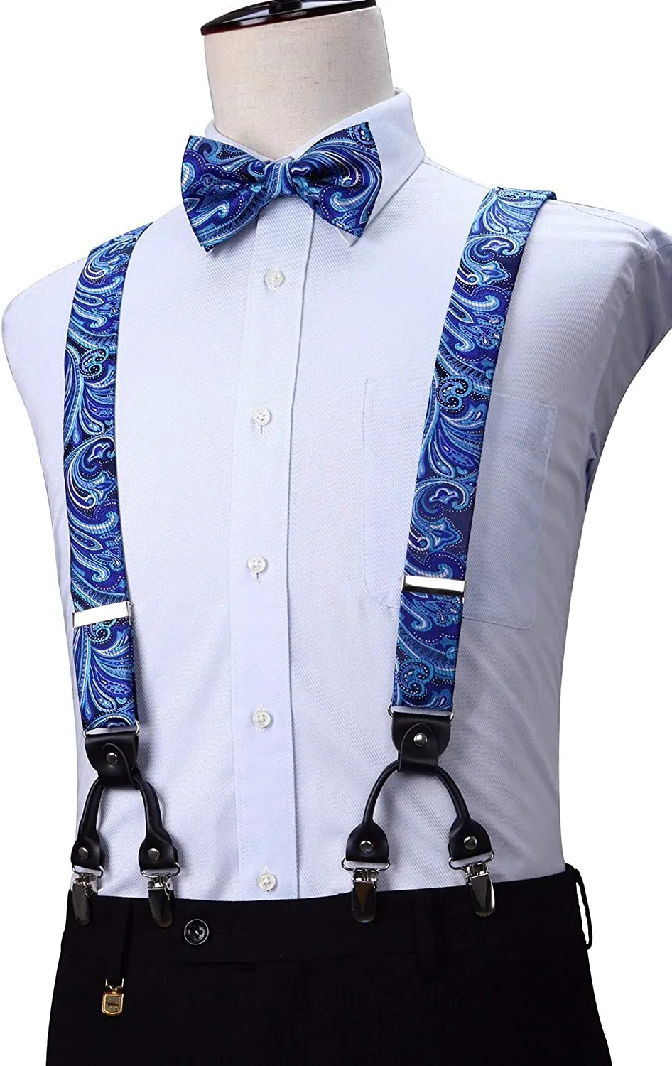 Floral Paisley Suspender Pre-Tied Bow Tie Handkerchief - B10-BLUE/WHITE