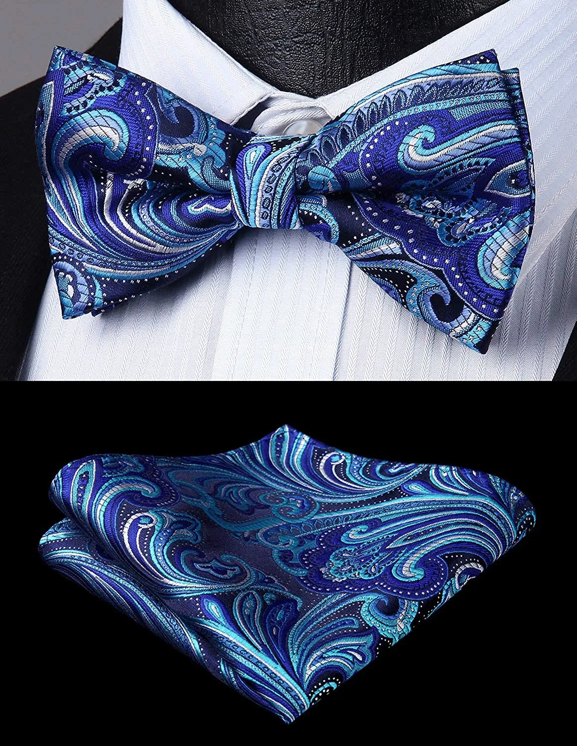 Floral Paisley Suspender Pre-Tied Bow Tie Handkerchief - B10-BLUE/WHITE