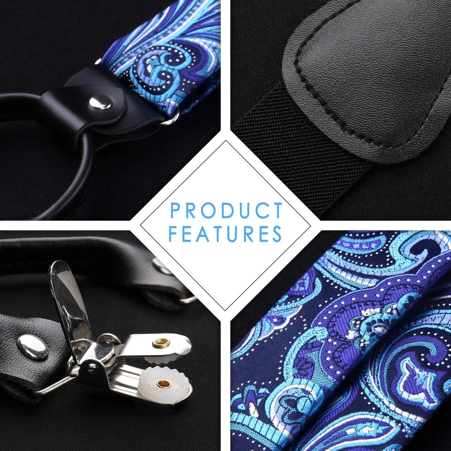 Floral Paisley Suspender Pre-Tied Bow Tie Handkerchief - B10-BLUE/WHITE