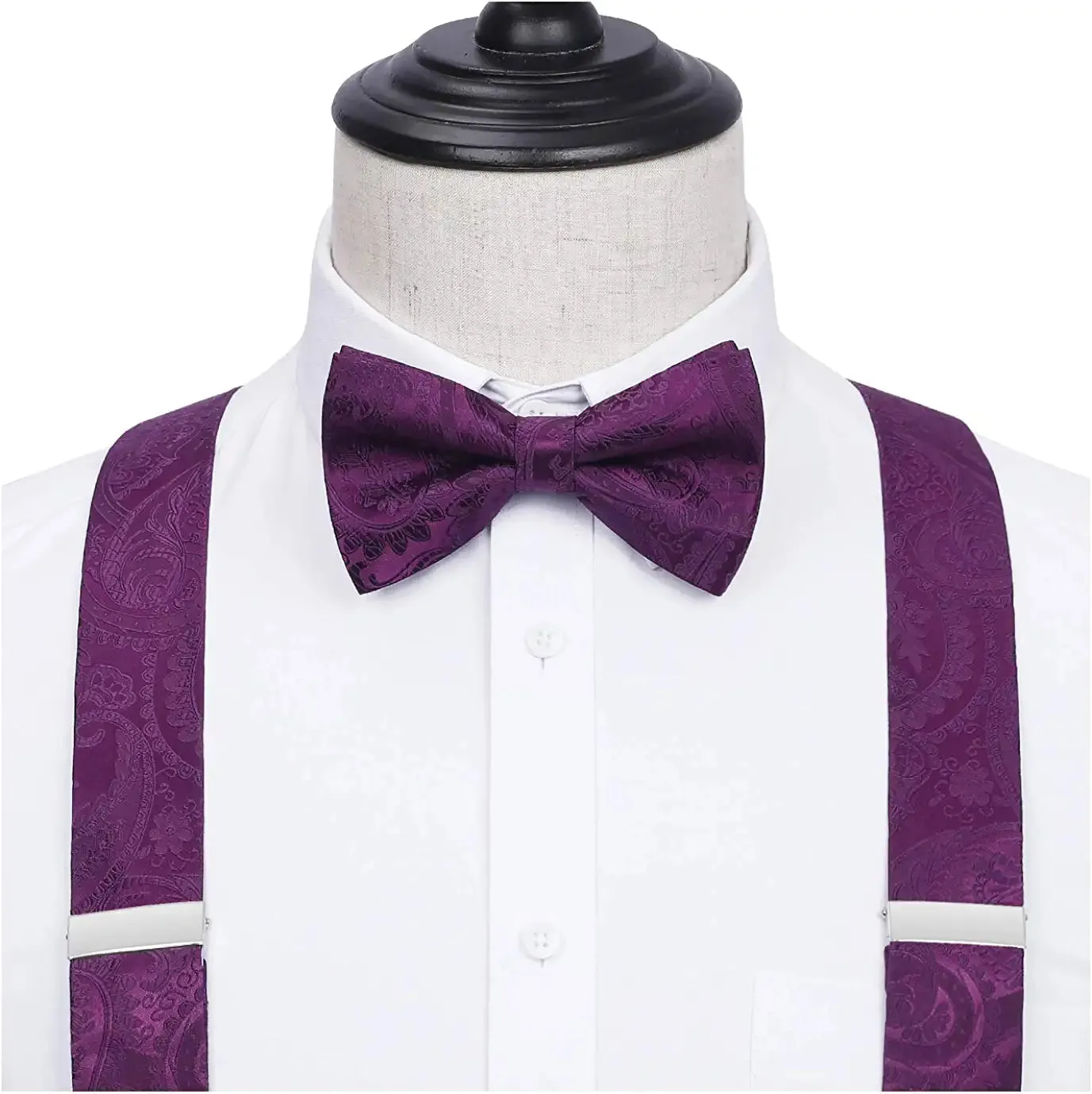 Floral Paisley Suspender Pre-Tied Bow Tie Handkerchief - C5-PURPLE PLUM