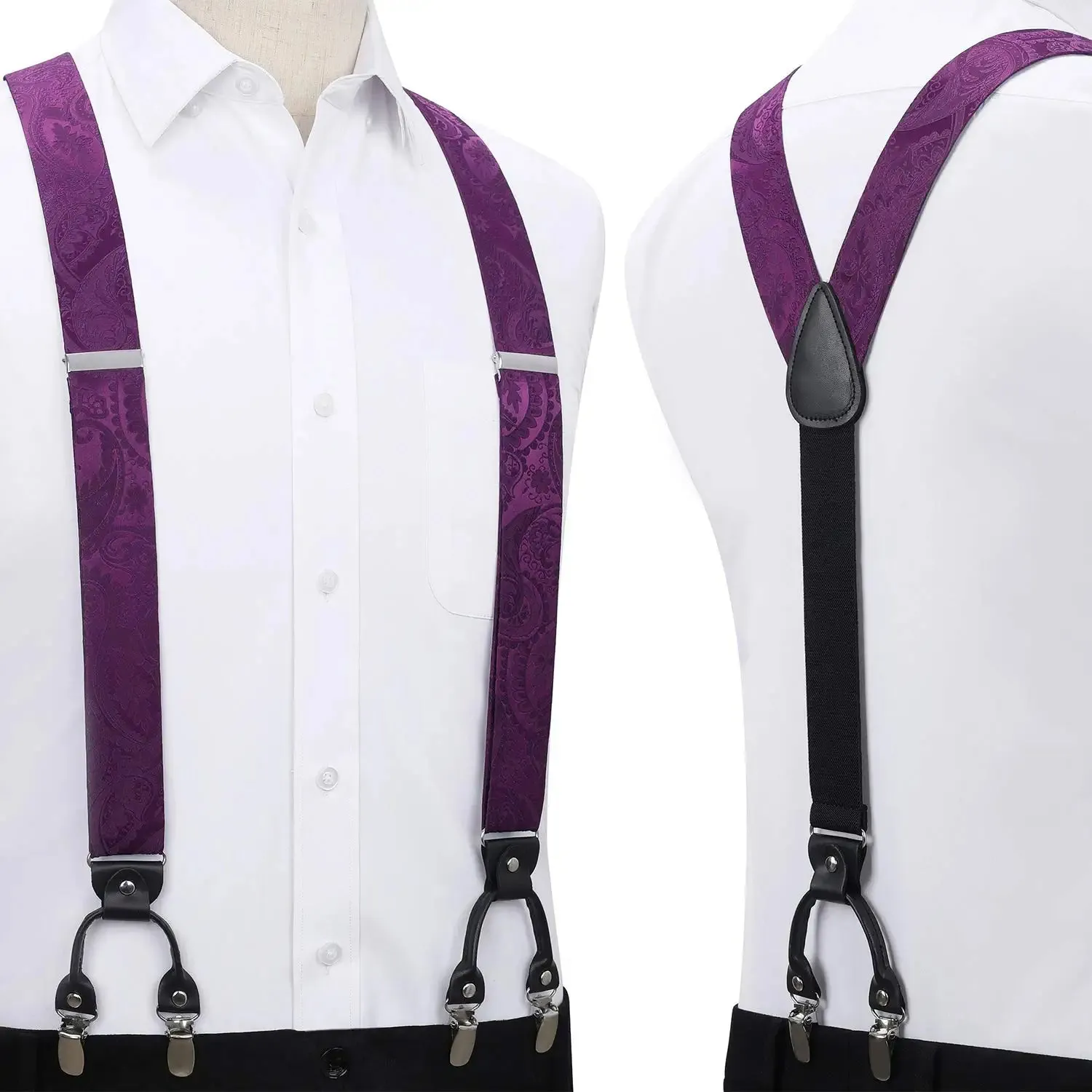 Floral Paisley Suspender Pre-Tied Bow Tie Handkerchief - C5-PURPLE PLUM