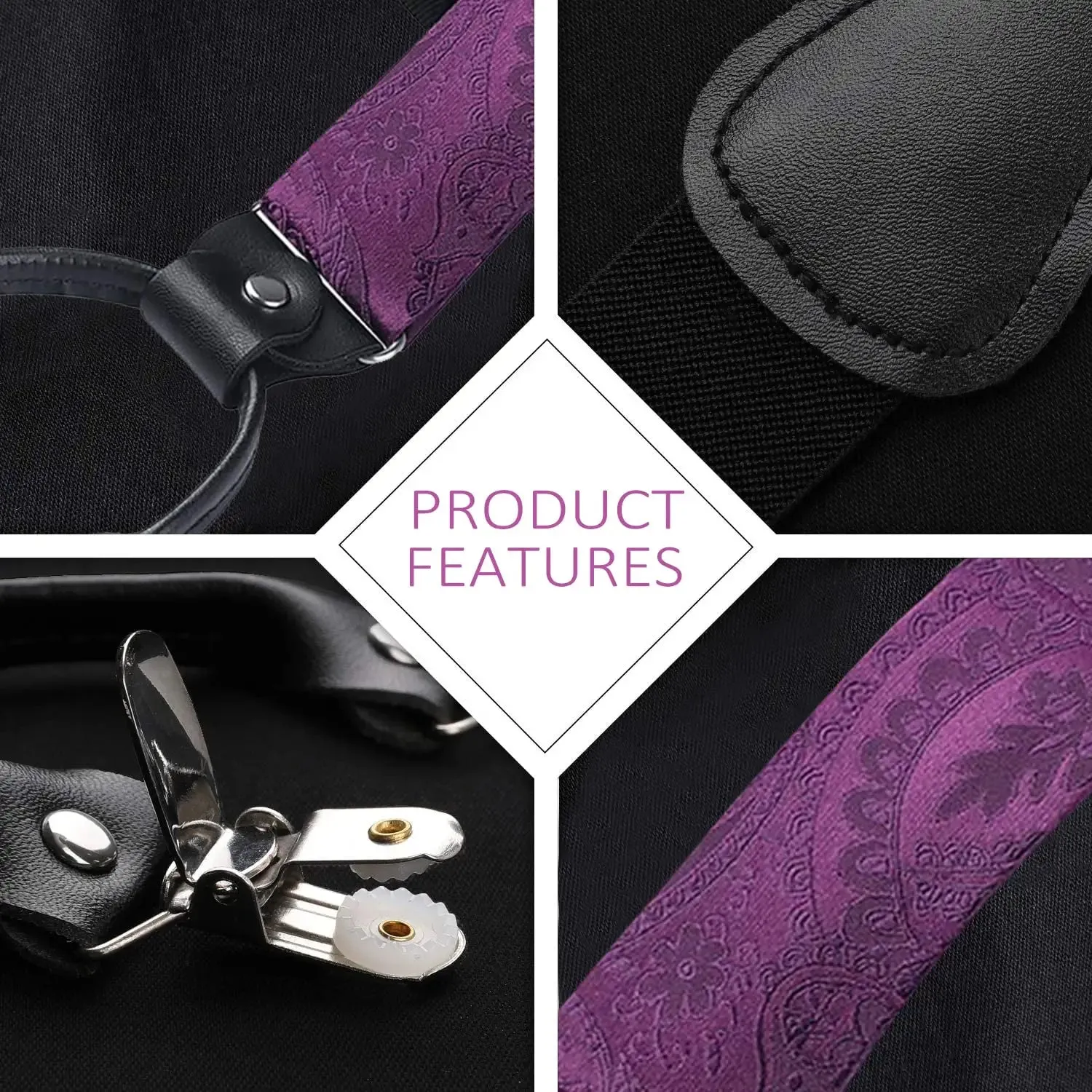 Floral Paisley Suspender Pre-Tied Bow Tie Handkerchief - C5-PURPLE PLUM
