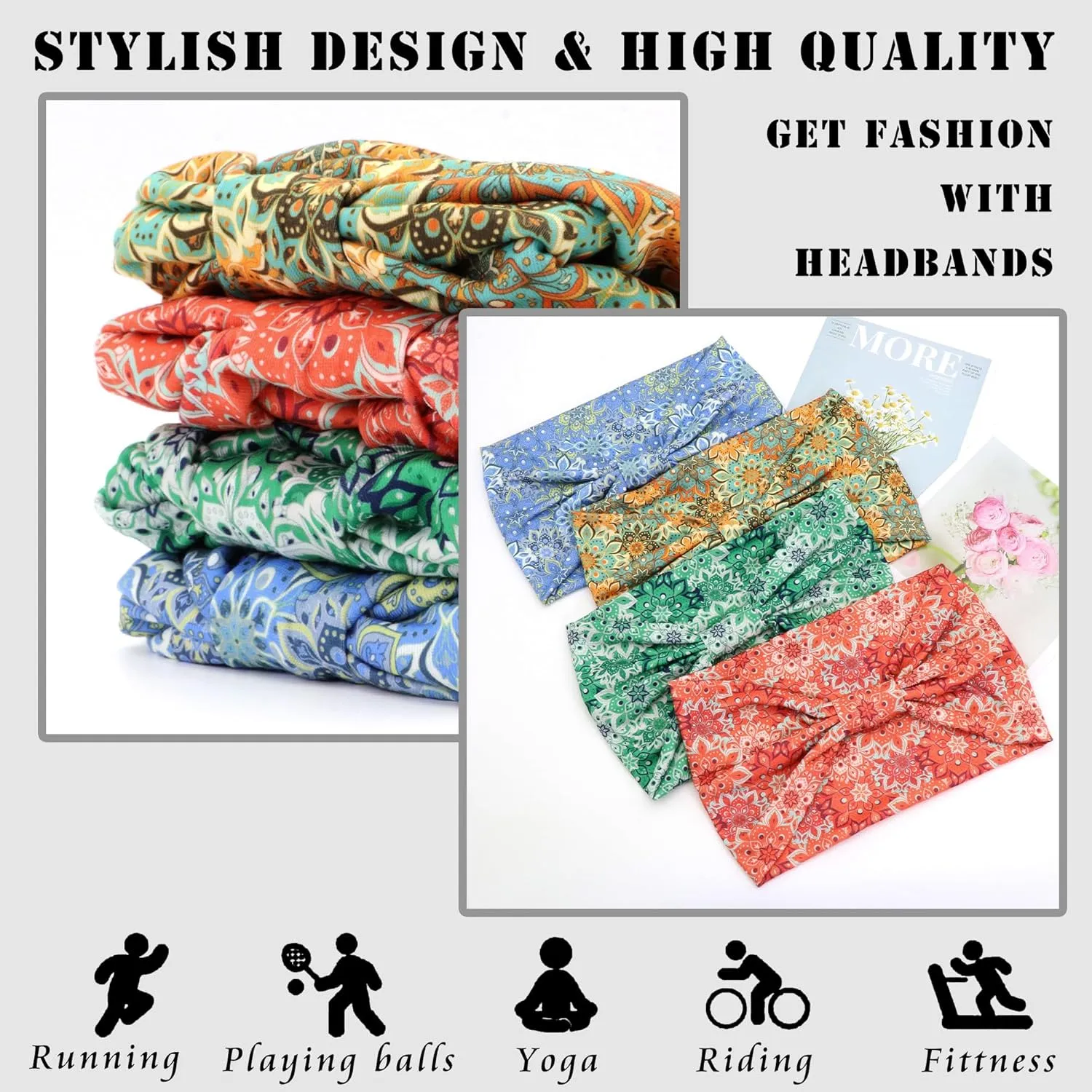 FULZTEY Wide Headbands for Women Floral Printed Boho Hairband Elastic Knotted Bandana Non Slip Workout Yoga Thick Turban Head Wrap Fashion Hair Accessories for Teen Girls 4Pcs