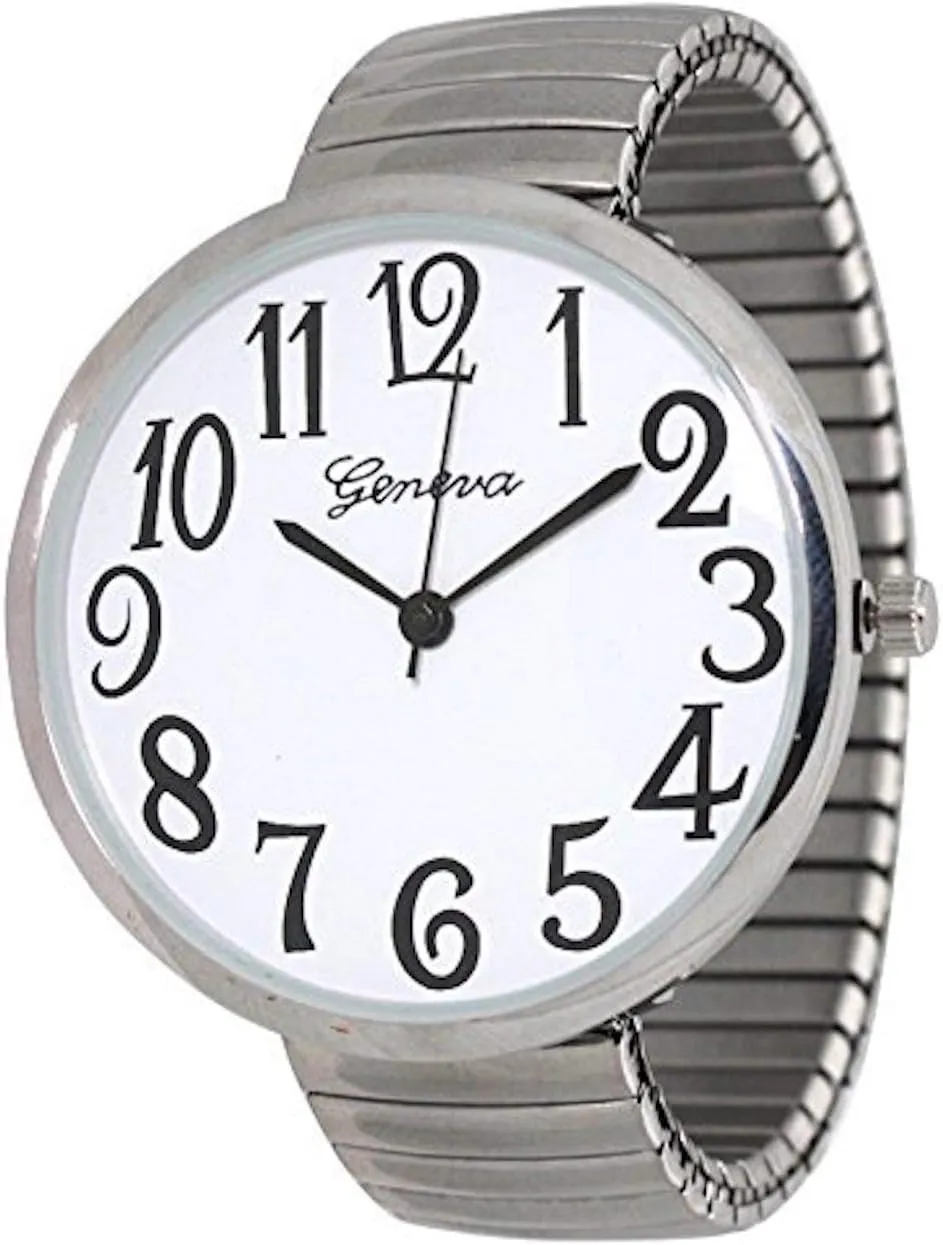 Geneva Super Large Stretch Watch Clear Number Easy Read (Silver)