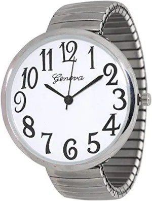 Geneva Super Large Stretch Watch Clear Number Easy Read (Silver)