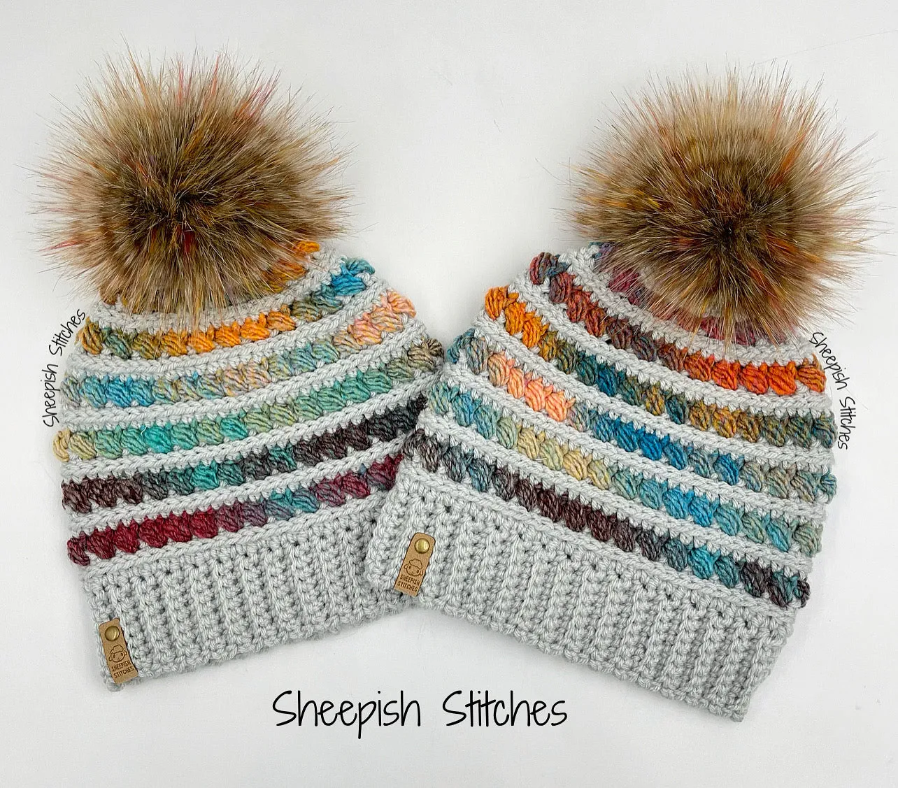 Gray and multi mix - Hand Crochet Beanie with Faux Fur Pom Pom