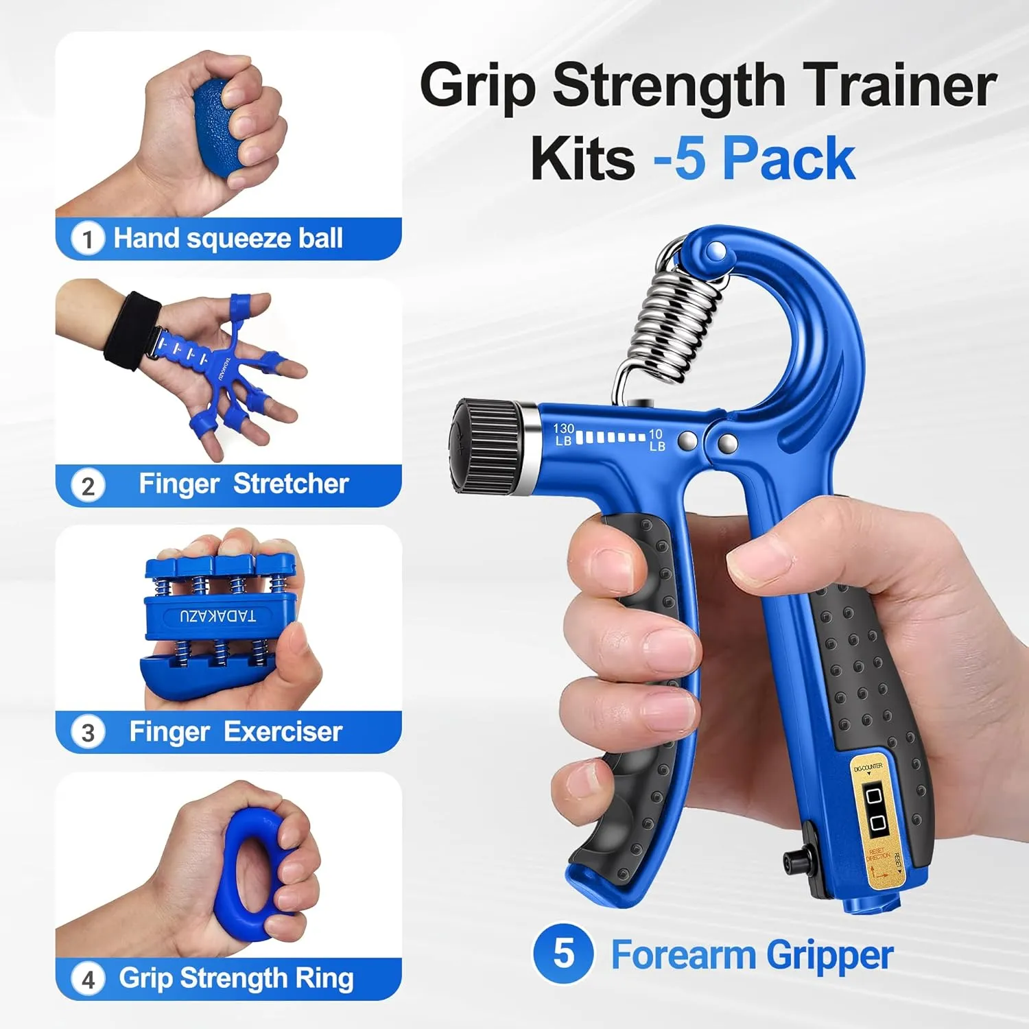 Grip Strength Trainer Kit (5 Pack) Hand Grip Strengthener, Finger Exerciser,Hand Extension Exerciser, Stress Relief Ball and Forearm Workout Ring for Muscle Building and Injury Recover