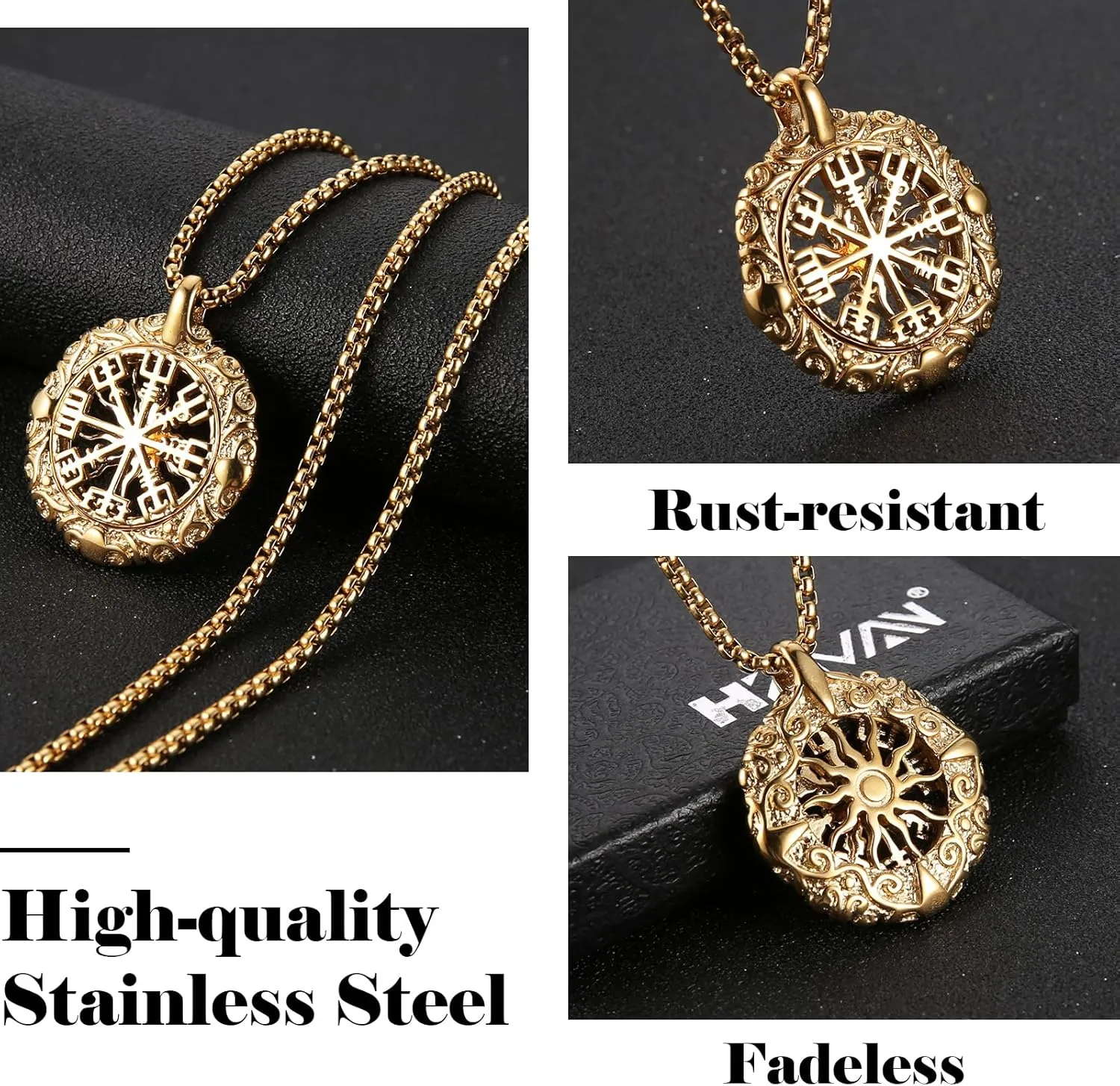 HZMAN Viking Vegvisir Norse Compass Stainless Steel Necklace Double-Sided Hollow Engraving Sun Totem Pendant Norse Amulet Jewelry