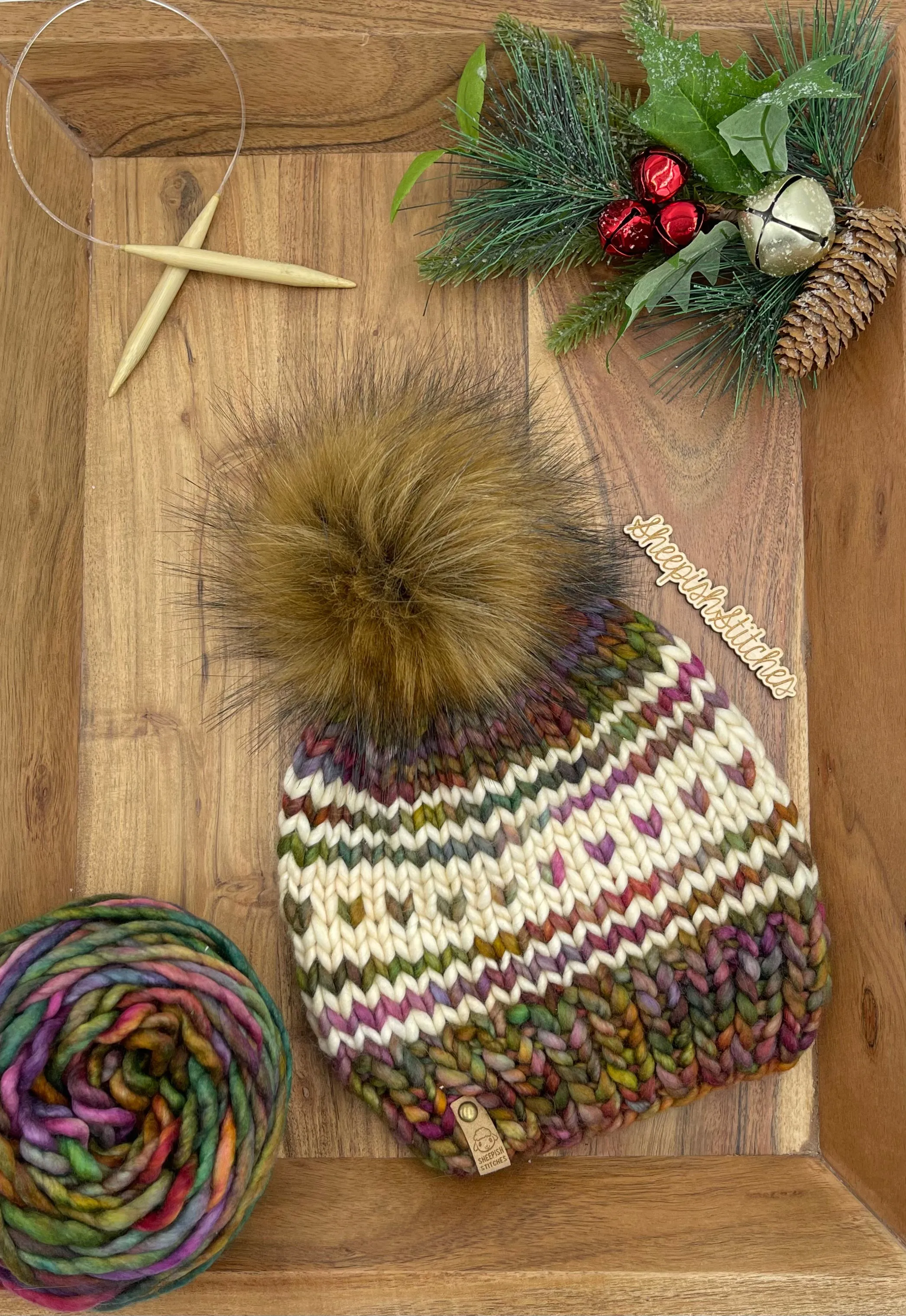 Jewel tones with ivory accent - Merino Wool Knit Hat with Faux Fur Pom Pom, Hand Knit Luxury Beanie, Ethically Sourced Merino Wool Toque