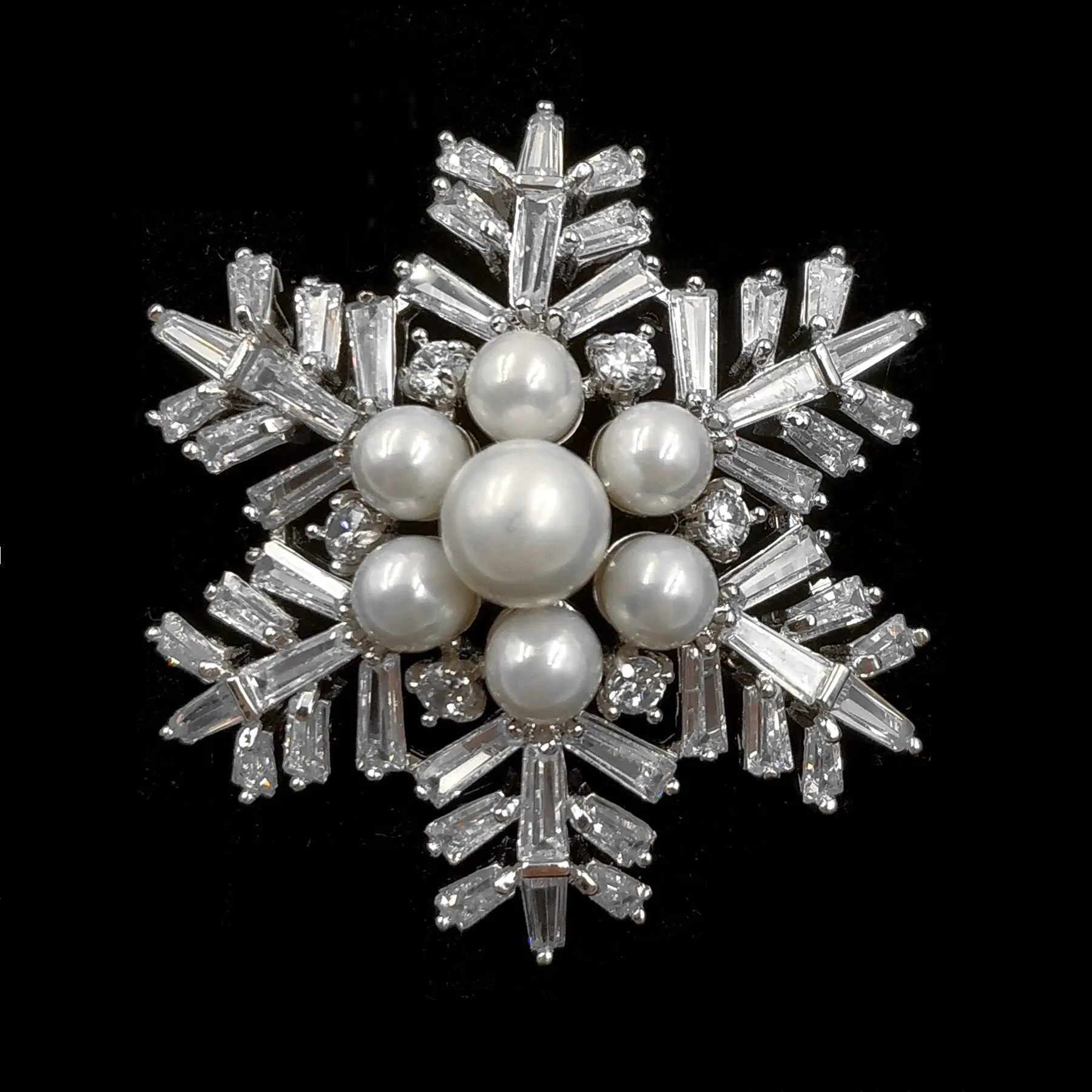 Jewelblings Winter Holiday Jewelry Buaguette Cut CZ Cluster Mother of Pearls Snowflake Brooch Snow Flower Pin or Women Coat Dressy Clothes