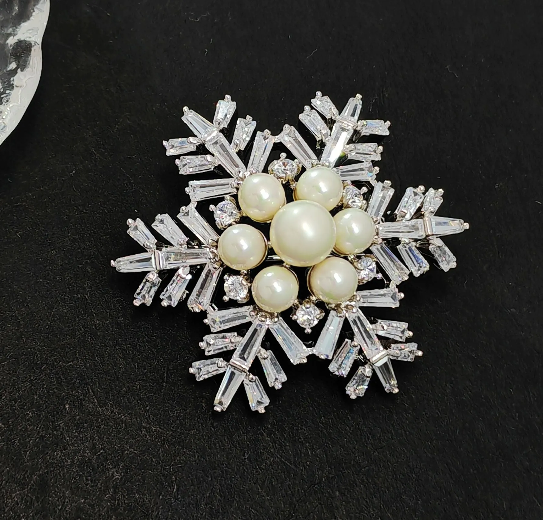 Jewelblings Winter Holiday Jewelry Buaguette Cut CZ Cluster Mother of Pearls Snowflake Brooch Snow Flower Pin or Women Coat Dressy Clothes