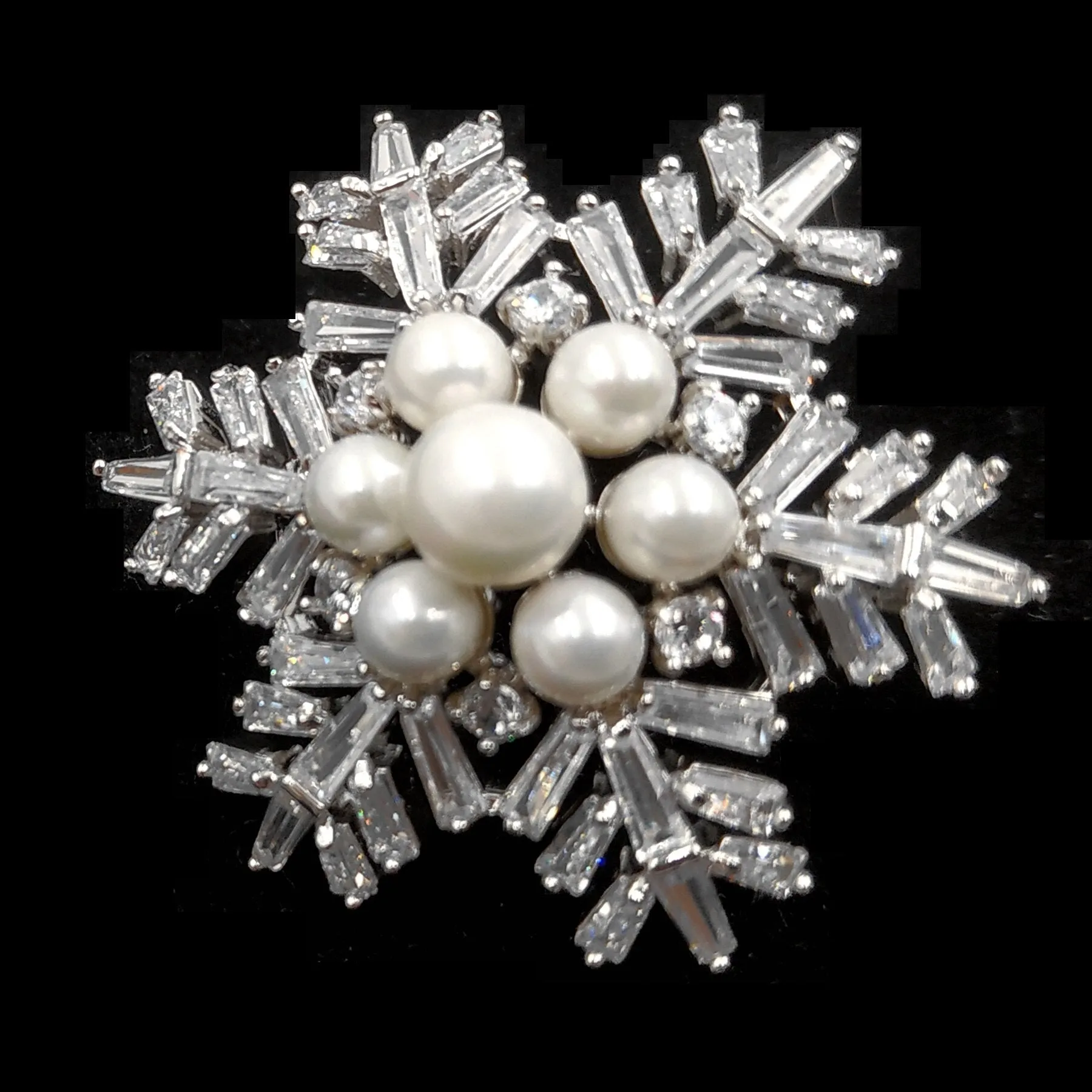 Jewelblings Winter Holiday Jewelry Buaguette Cut CZ Cluster Mother of Pearls Snowflake Brooch Snow Flower Pin or Women Coat Dressy Clothes