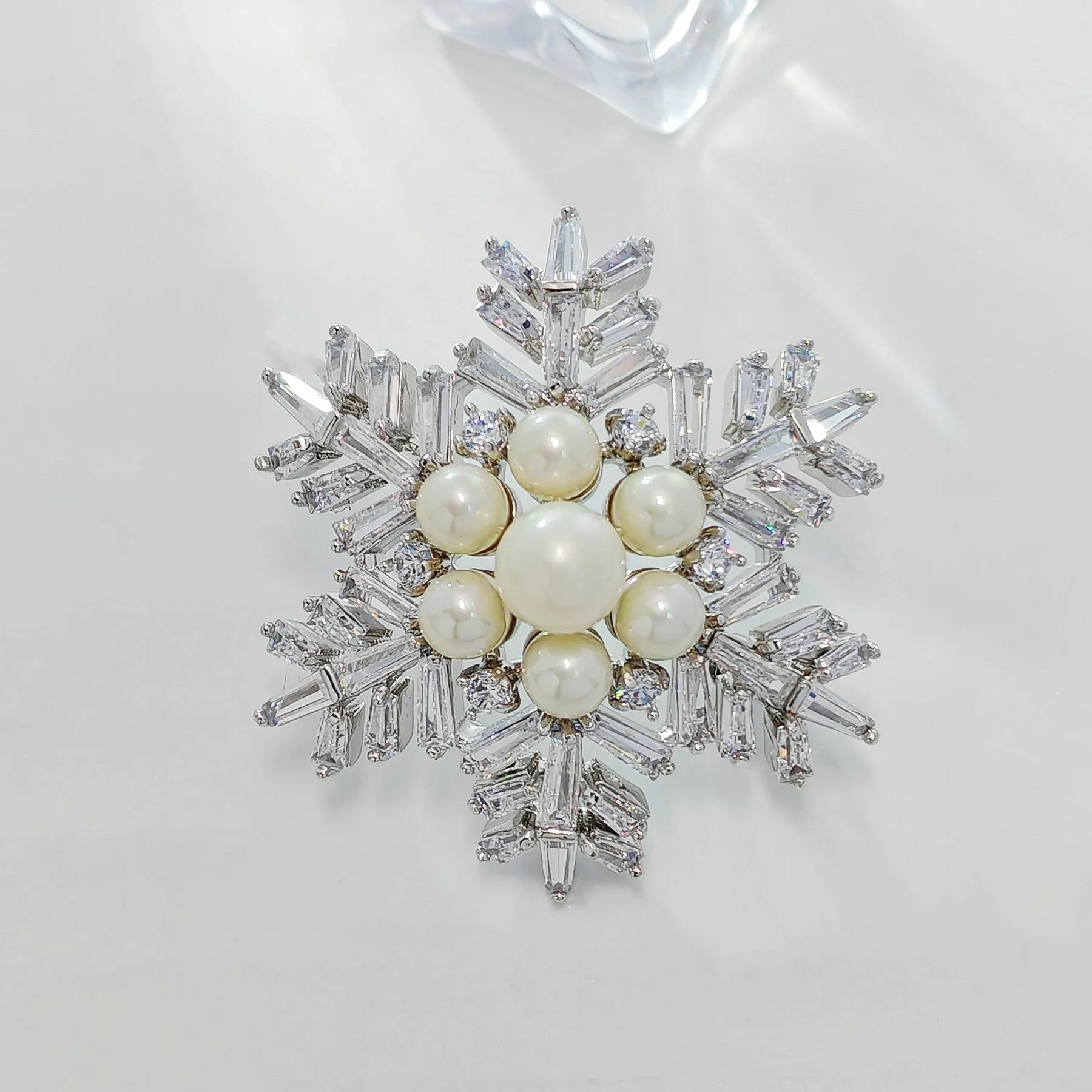 Jewelblings Winter Holiday Jewelry Buaguette Cut CZ Cluster Mother of Pearls Snowflake Brooch Snow Flower Pin or Women Coat Dressy Clothes