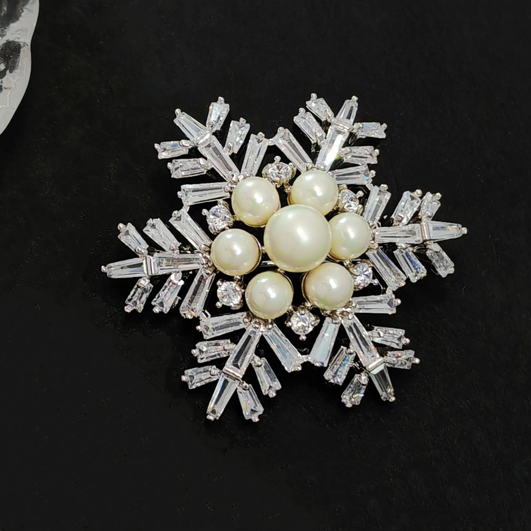 Jewelblings Winter Holiday Jewelry Buaguette Cut CZ Cluster Mother of Pearls Snowflake Brooch Snow Flower Pin or Women Coat Dressy Clothes