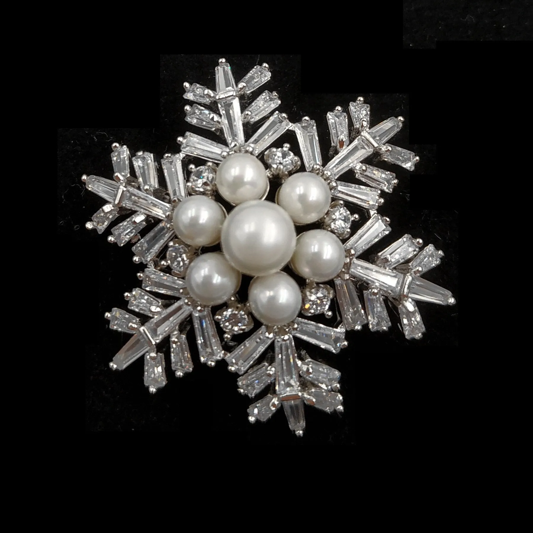Jewelblings Winter Holiday Jewelry Buaguette Cut CZ Cluster Mother of Pearls Snowflake Brooch Snow Flower Pin or Women Coat Dressy Clothes