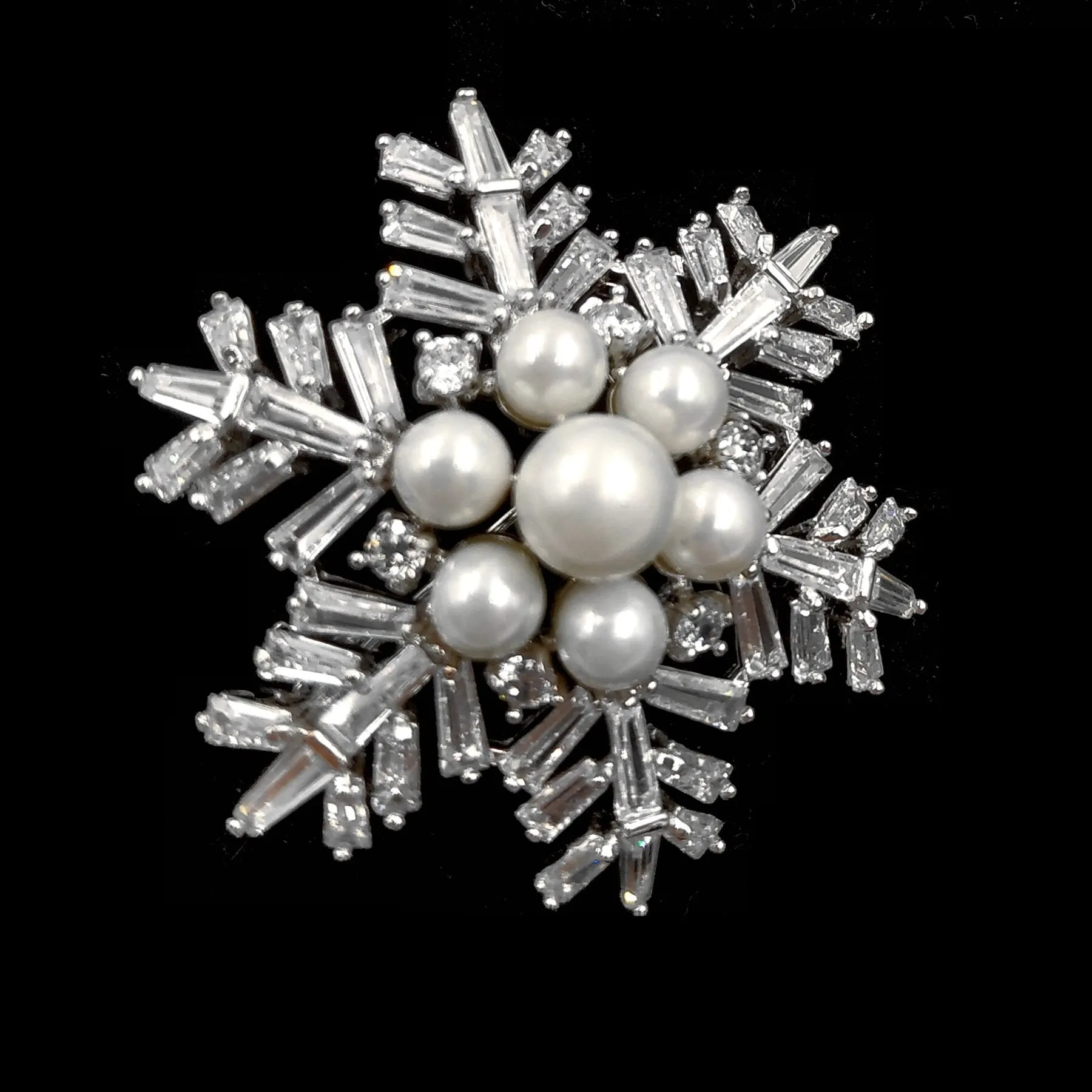 Jewelblings Winter Holiday Jewelry Buaguette Cut CZ Cluster Mother of Pearls Snowflake Brooch Snow Flower Pin or Women Coat Dressy Clothes