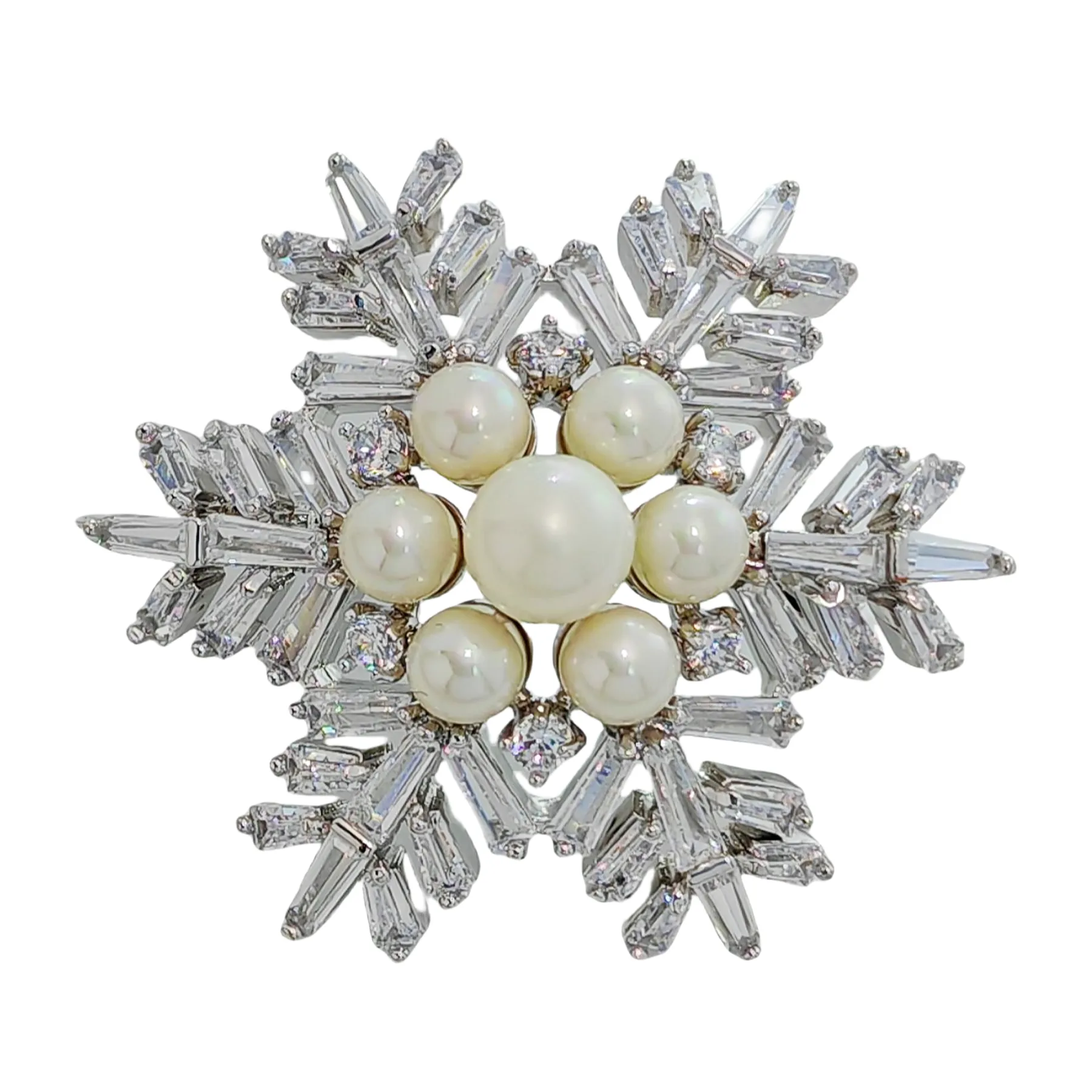 Jewelblings Winter Holiday Jewelry Buaguette Cut CZ Cluster Mother of Pearls Snowflake Brooch Snow Flower Pin or Women Coat Dressy Clothes