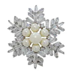 Jewelblings Winter Holiday Jewelry Buaguette Cut CZ Cluster Mother of Pearls Snowflake Brooch Snow Flower Pin or Women Coat Dressy Clothes