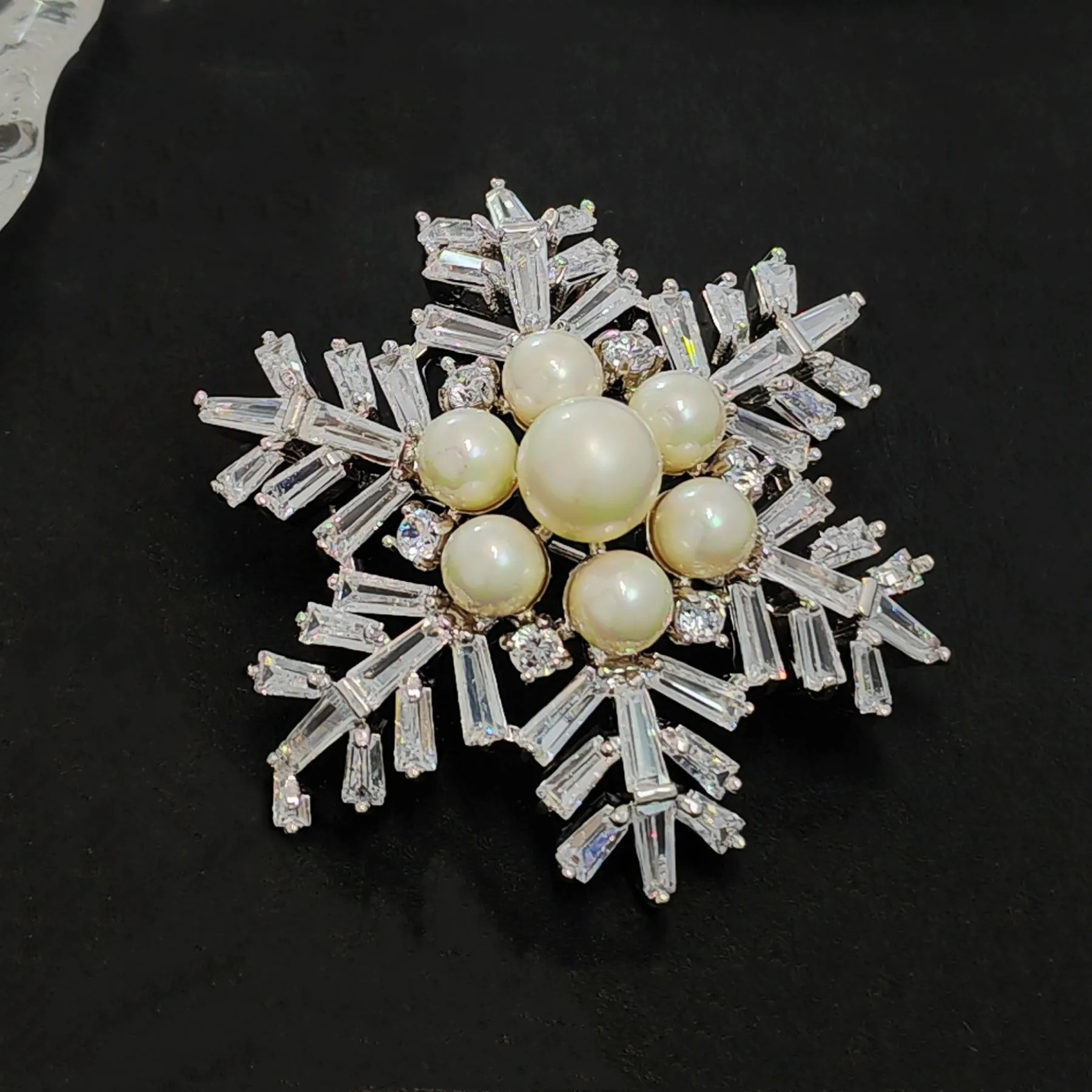Jewelblings Winter Holiday Jewelry Buaguette Cut CZ Cluster Mother of Pearls Snowflake Brooch Snow Flower Pin or Women Coat Dressy Clothes